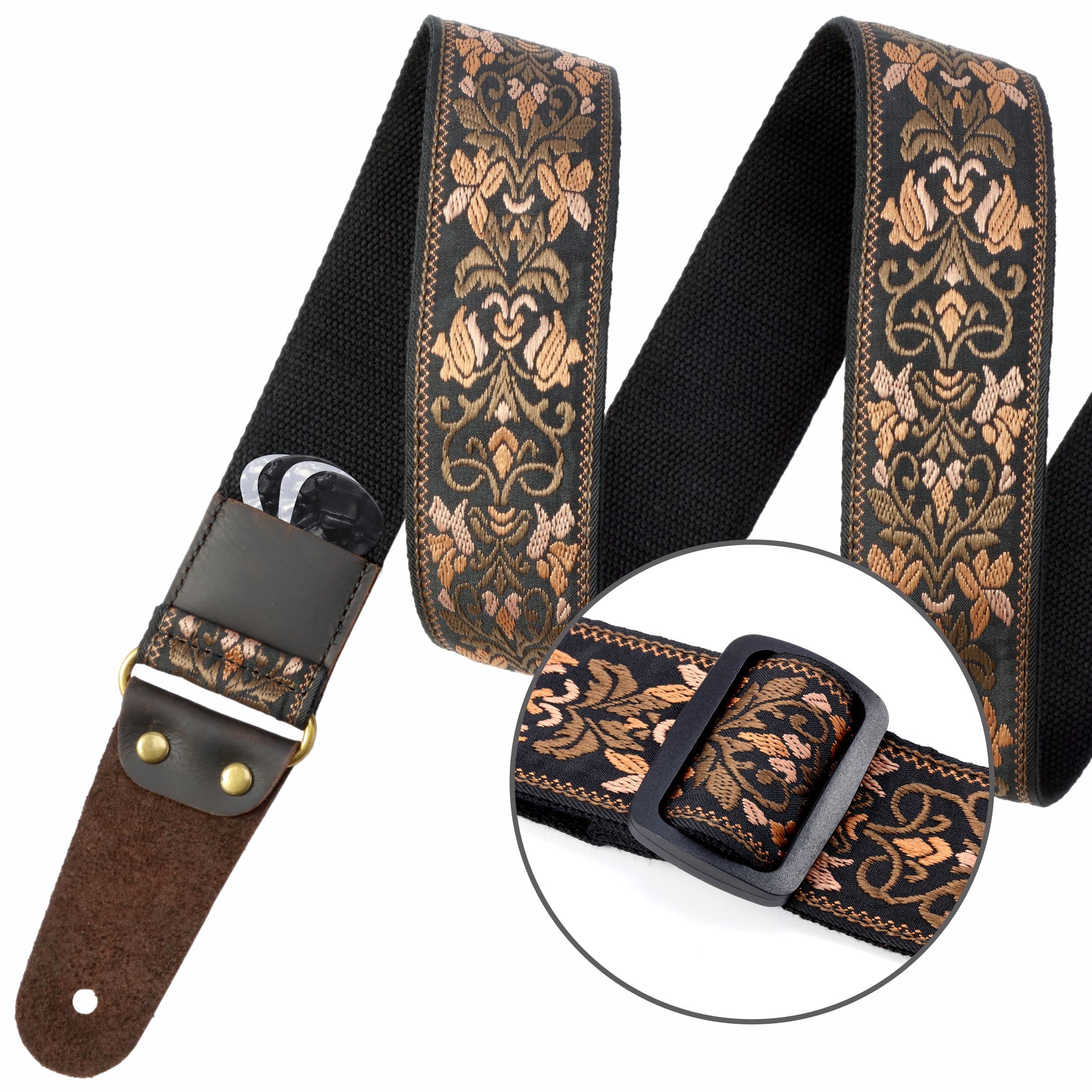 Nefelibata Guitar Strap, 2" Jacquard Embroidery Guitar Straps, Full Grain Leather Ends with Hidden Pocket, for Bass, Electric and Acoustic Guitars, Strap Button, Strap Locks and Guitar Picks Retro Gold Flowers - Image 3