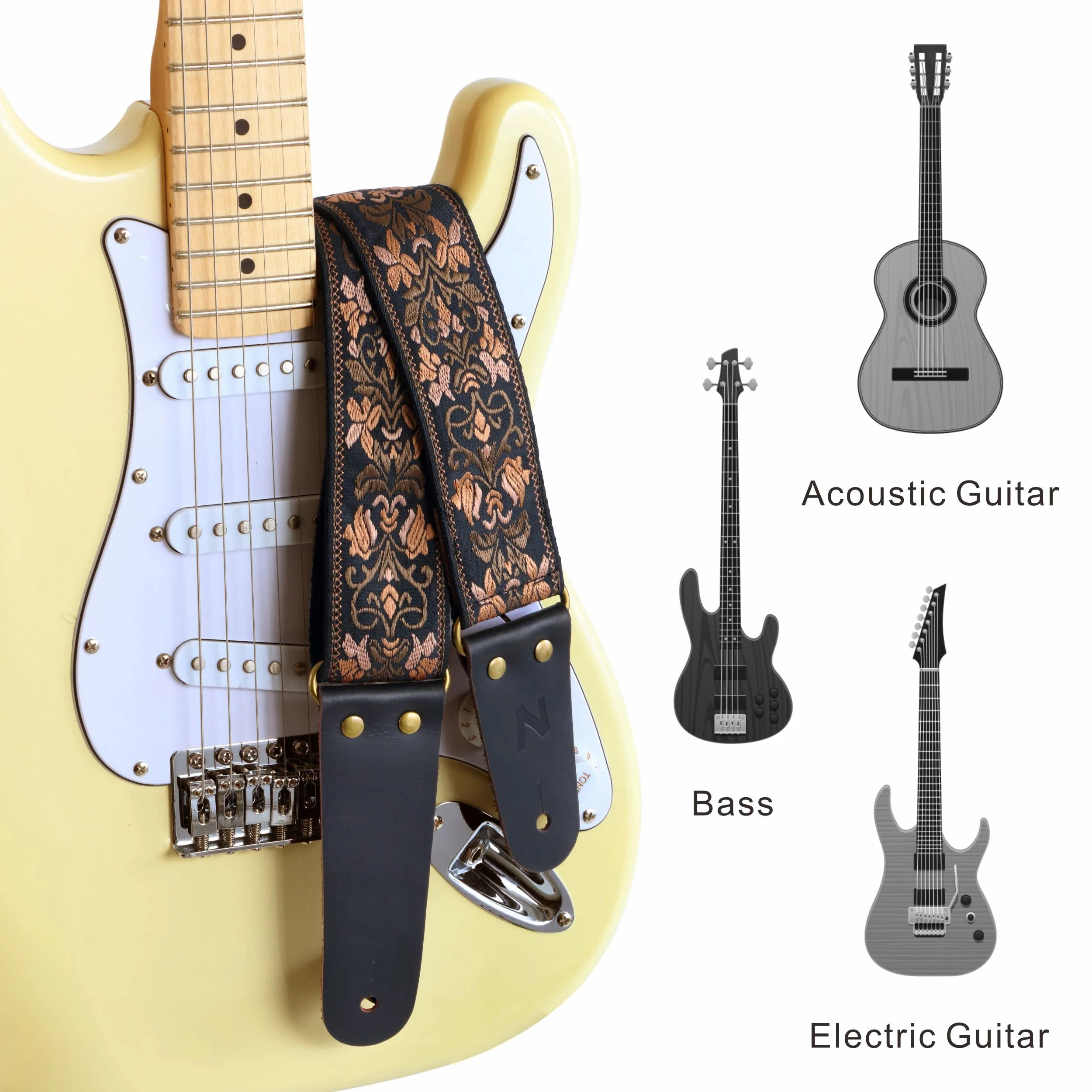 Nefelibata Guitar Strap, 2" Jacquard Embroidery Guitar Straps, Full Grain Leather Ends with Hidden Pocket, for Bass, Electric and Acoustic Guitars, Strap Button, Strap Locks and Guitar Picks Retro Gold Flowers - Image 4