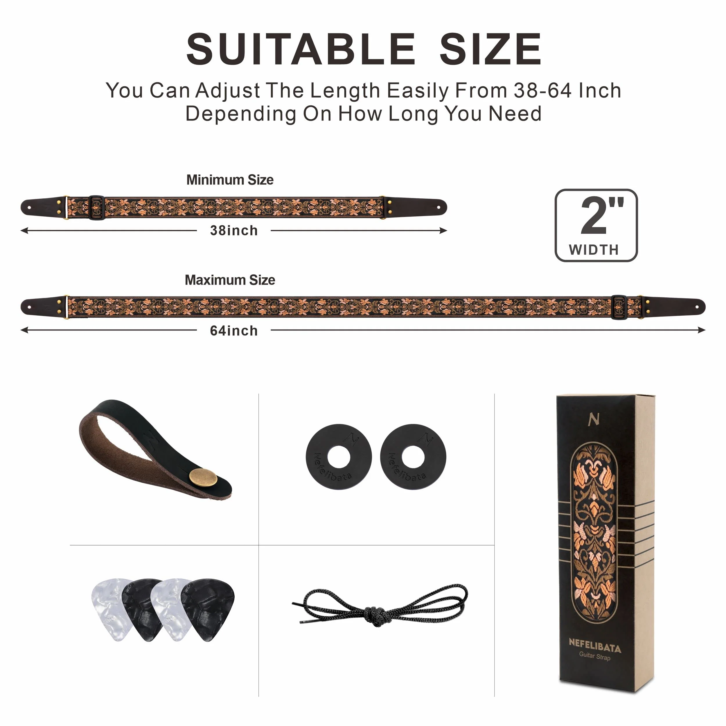 Nefelibata Guitar Strap, 2" Jacquard Embroidery Guitar Straps, Full Grain Leather Ends with Hidden Pocket, for Bass, Electric and Acoustic Guitars, Strap Button, Strap Locks and Guitar Picks Retro Gold Flowers - Image 5