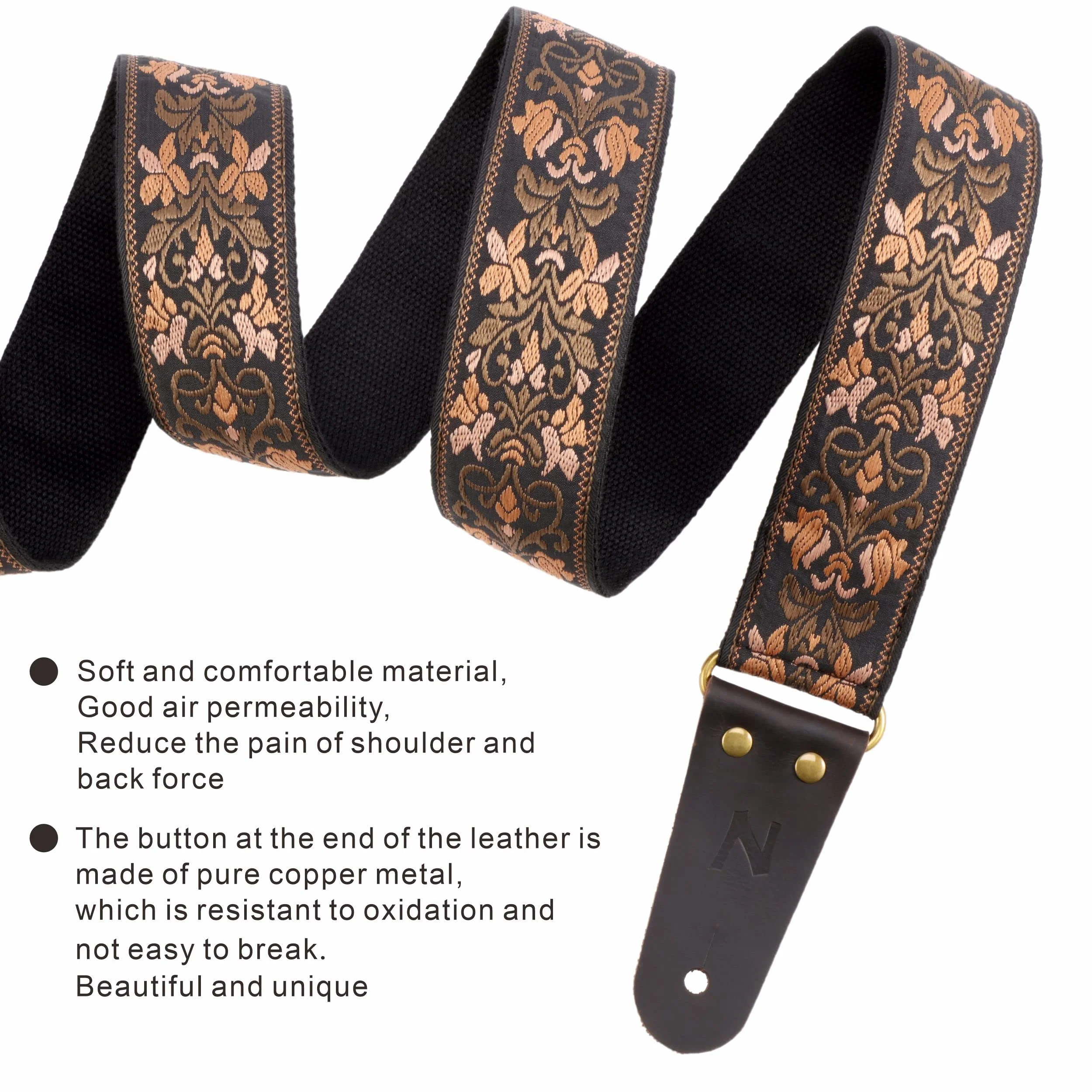 Nefelibata Guitar Strap, 2" Jacquard Embroidery Guitar Straps, Full Grain Leather Ends with Hidden Pocket, for Bass, Electric and Acoustic Guitars, Strap Button, Strap Locks and Guitar Picks Retro Gold Flowers - Image 7