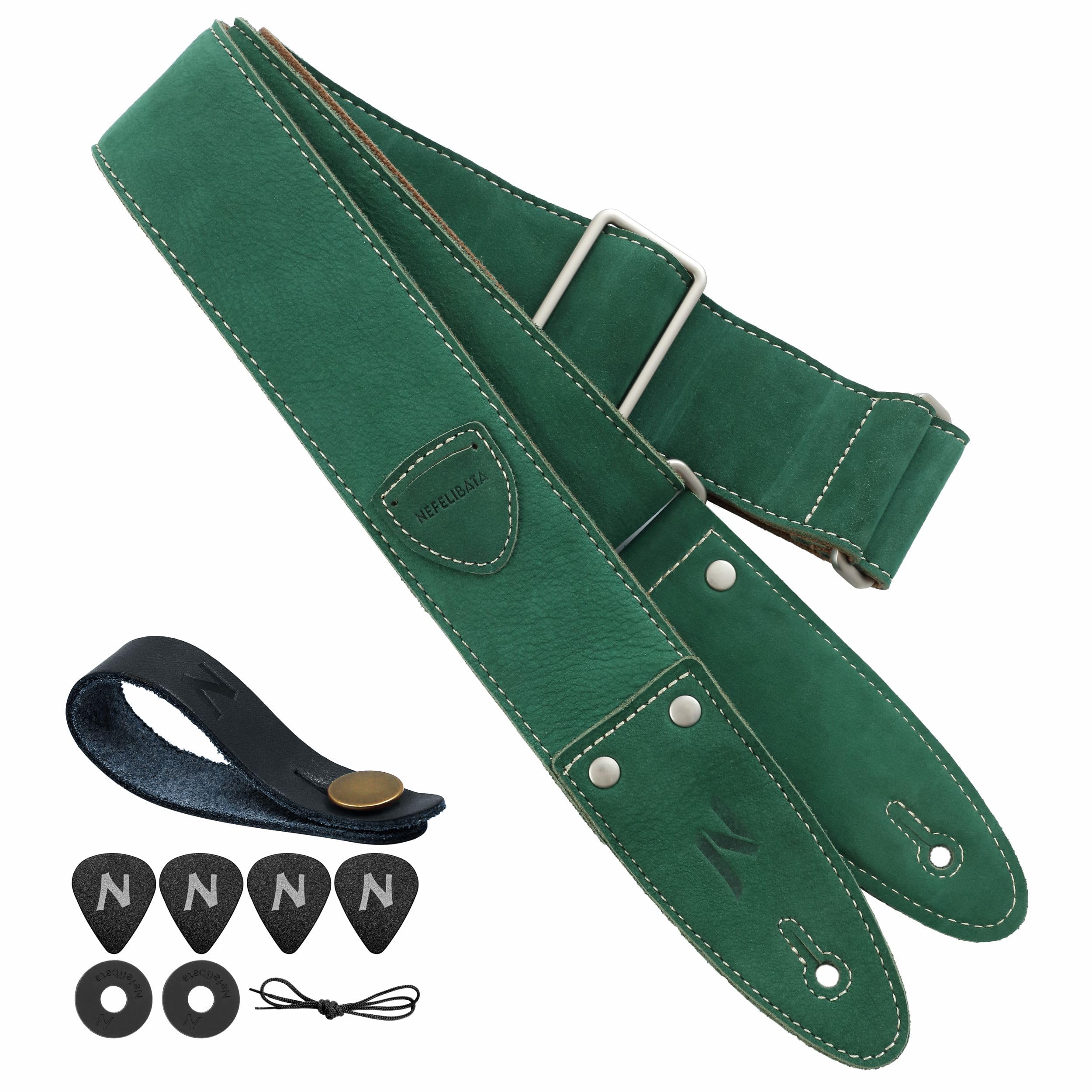Nefelibata Guitar Strap, 2"Full Grain Leather Guitar Straps with Pick Pocket for Bass, Electric & Acoustic Guitar, Come with Guitar Picks,Strap Button and Strap Locks(Christmas Green) B#-christmas Green