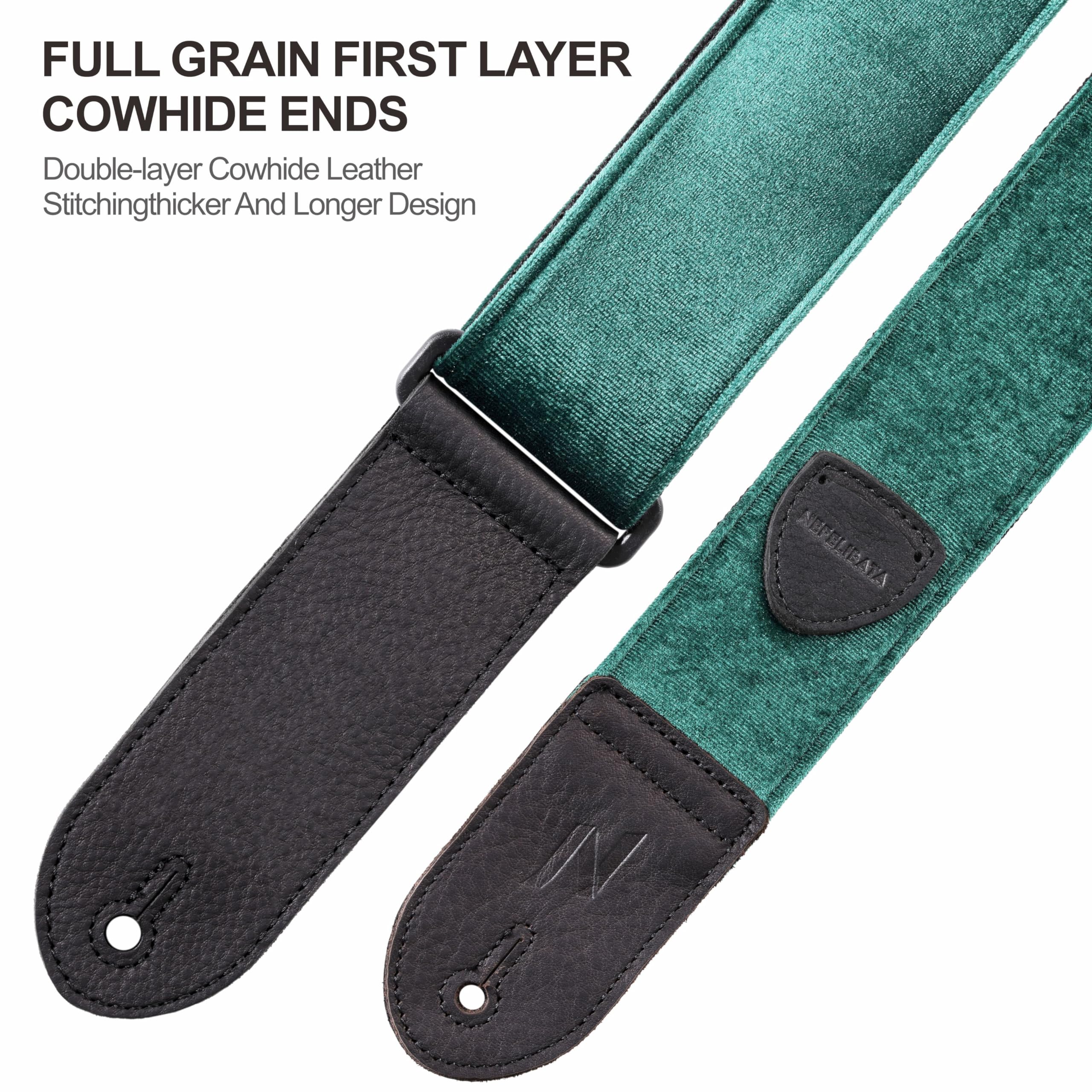 Nefelibata Guitar Strap,Double Full-Grain Leather Ends,Vintage Velvet Strap/FREE BONUS-4 Picks+Strap Locks+Strap Button,Gift For Bass,Electric&Acoustic Guitars(Vintage Christmas Green) C#-vintage Christmas Green - Image 3