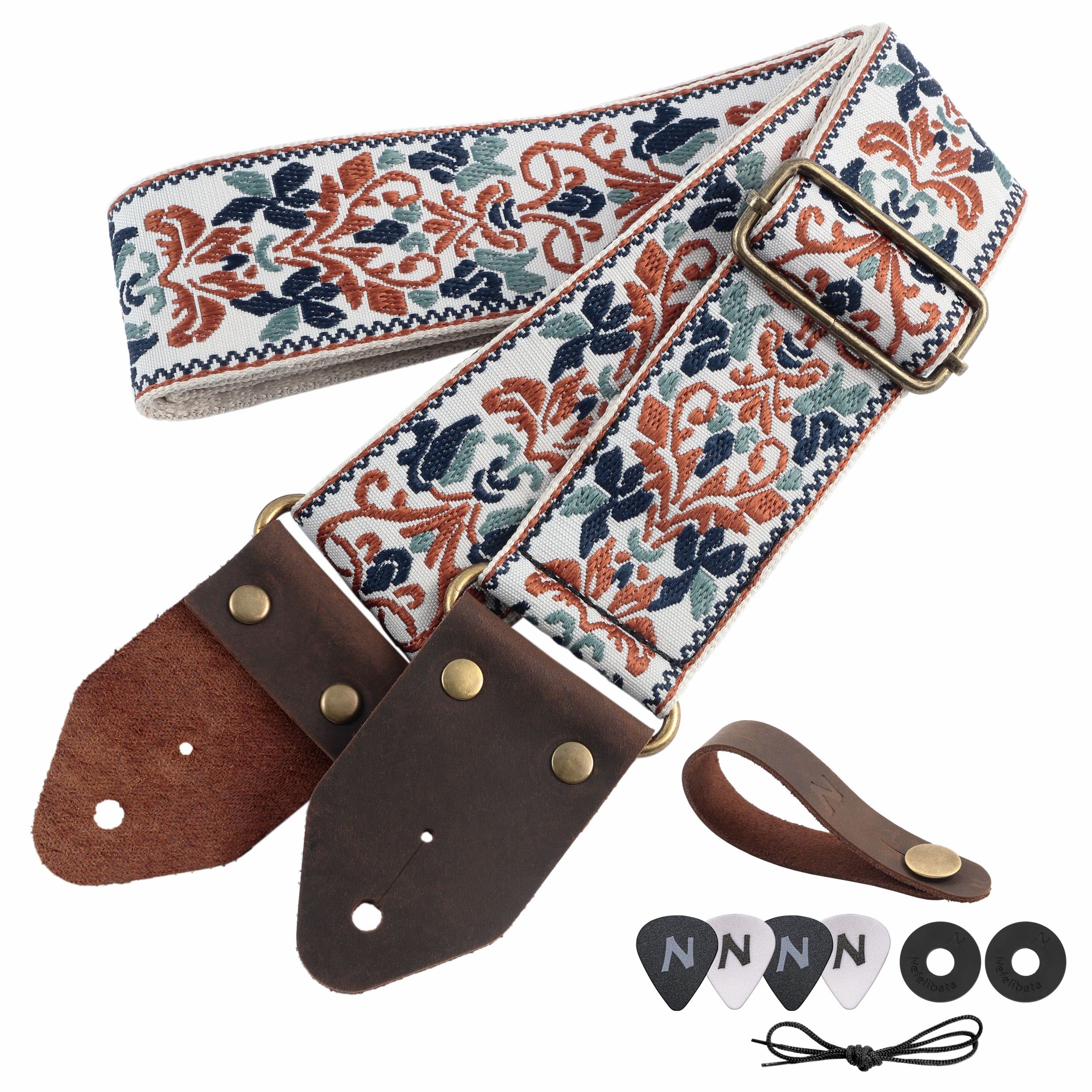 Nefelibata Guitar Strap,Jacquard Embroidery Cotton Guitar Straps with Crazy Horse Leather Ends for Bass, Electric & Acoustic, Best Gifts for Kids, Guitarists(Golden Jacquard) Retro Golden Jacquard
