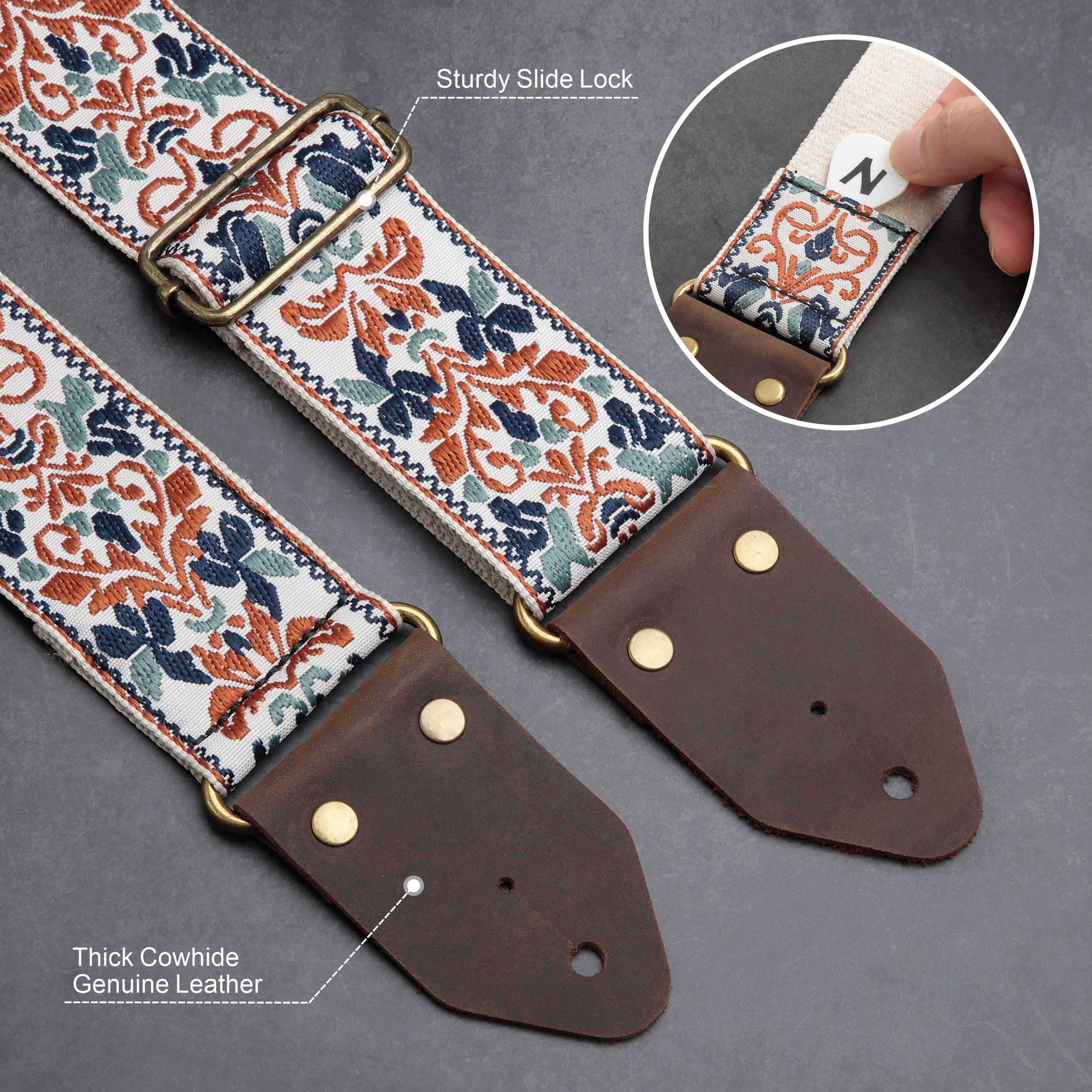 Nefelibata Guitar Strap,Jacquard Embroidery Cotton Guitar Straps with Crazy Horse Leather Ends for Bass, Electric & Acoustic, Best Gifts for Kids, Guitarists(Golden Jacquard) Retro Golden Jacquard - Image 2