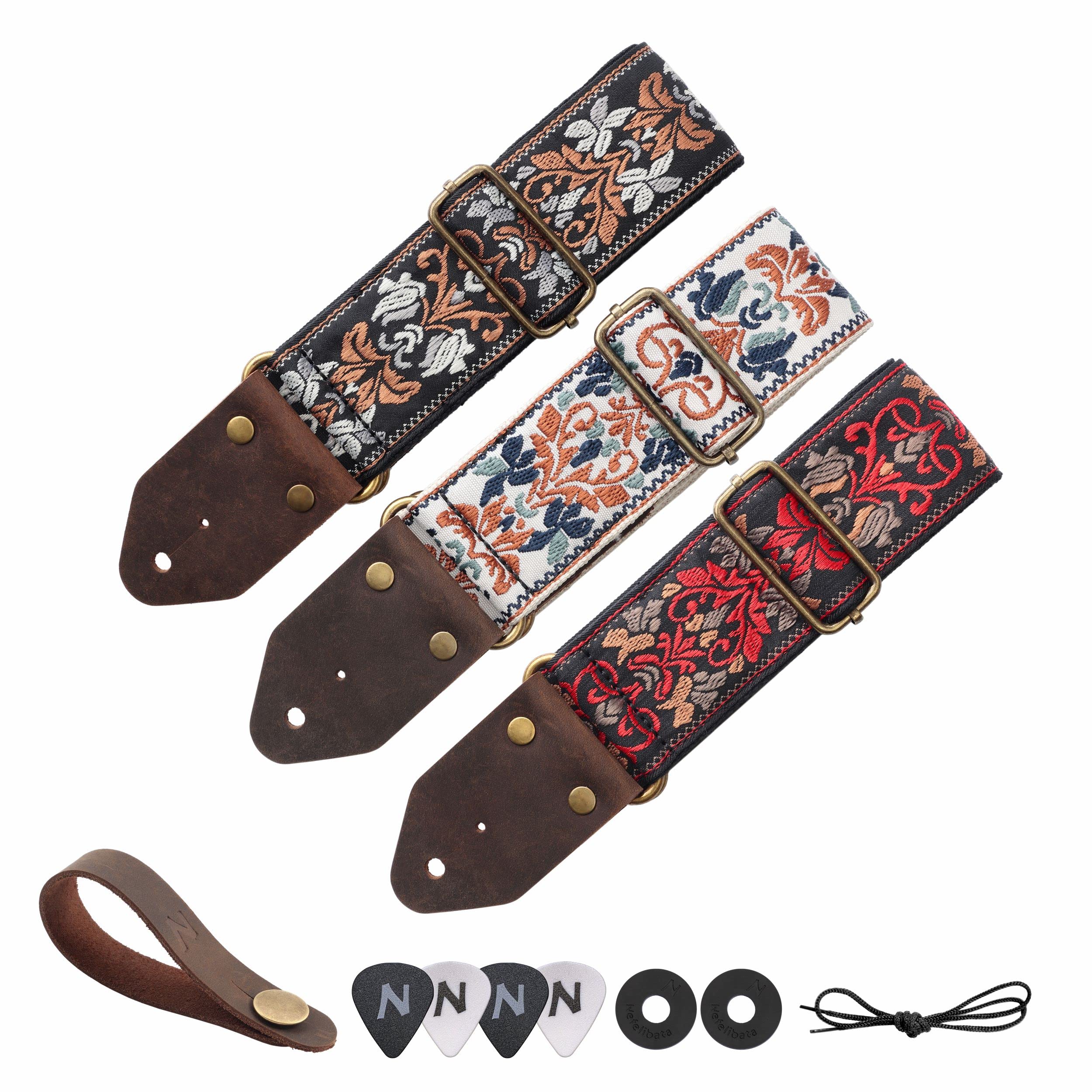 Nefelibata Guitar Strap,Jacquard Embroidery Cotton Guitar Straps with Crazy Horse Leather Ends for Bass, Electric & Acoustic, Best Gifts for Kids, Guitarists(Golden Jacquard) Retro Golden Jacquard - Image 5