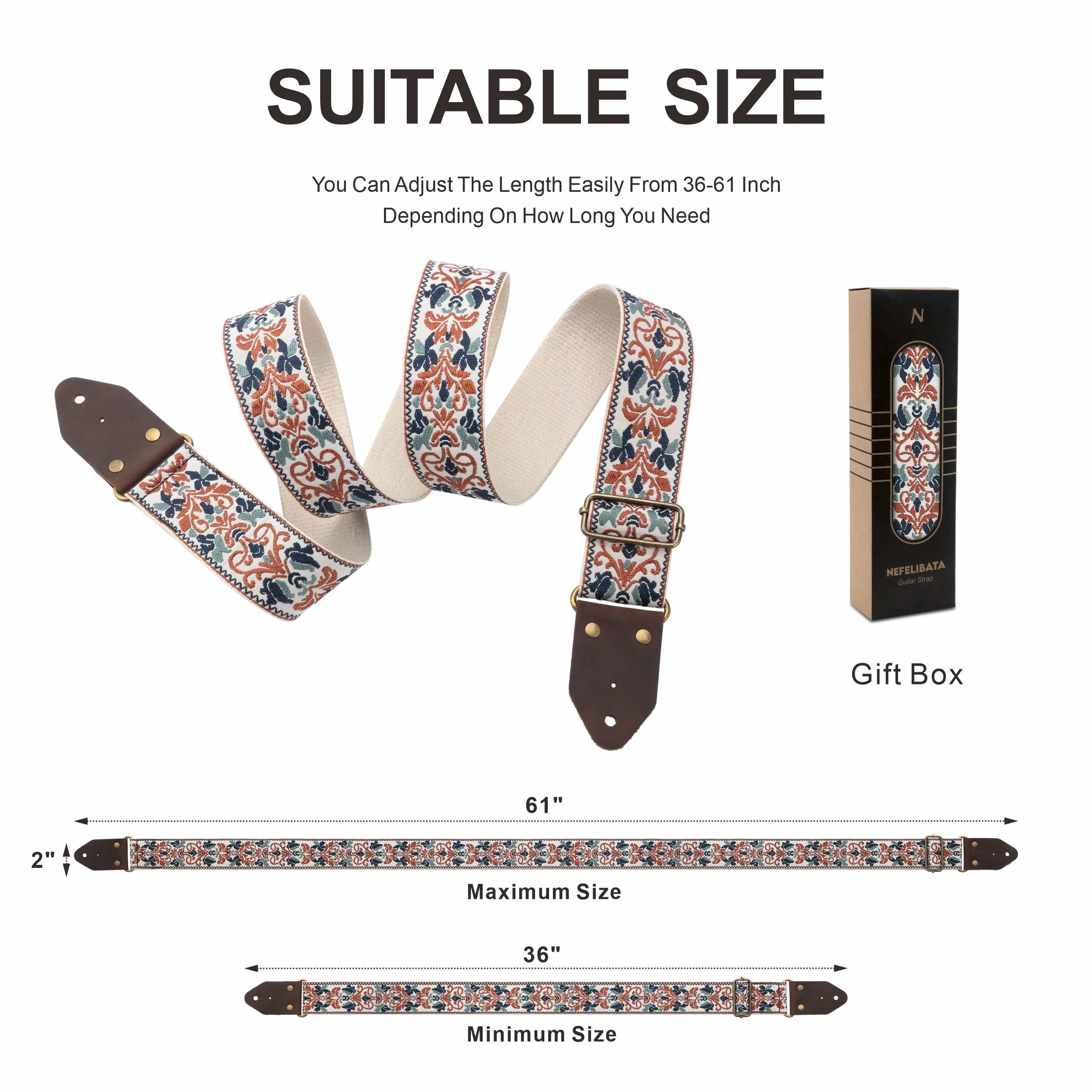 Nefelibata Guitar Strap,Jacquard Embroidery Cotton Guitar Straps with Crazy Horse Leather Ends for Bass, Electric & Acoustic, Best Gifts for Kids, Guitarists(Golden Jacquard) Retro Golden Jacquard - Image 6
