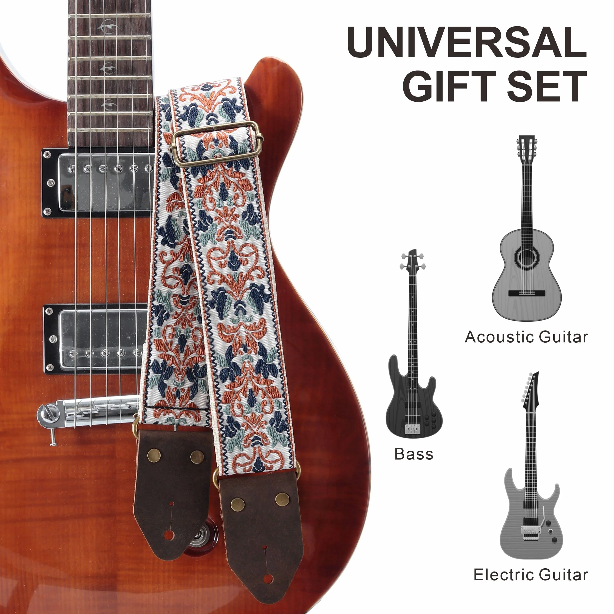 Nefelibata Guitar Strap,Jacquard Embroidery Cotton Guitar Straps with Crazy Horse Leather Ends for Bass, Electric & Acoustic, Best Gifts for Kids, Guitarists(Golden Jacquard) Retro Golden Jacquard - Image 7