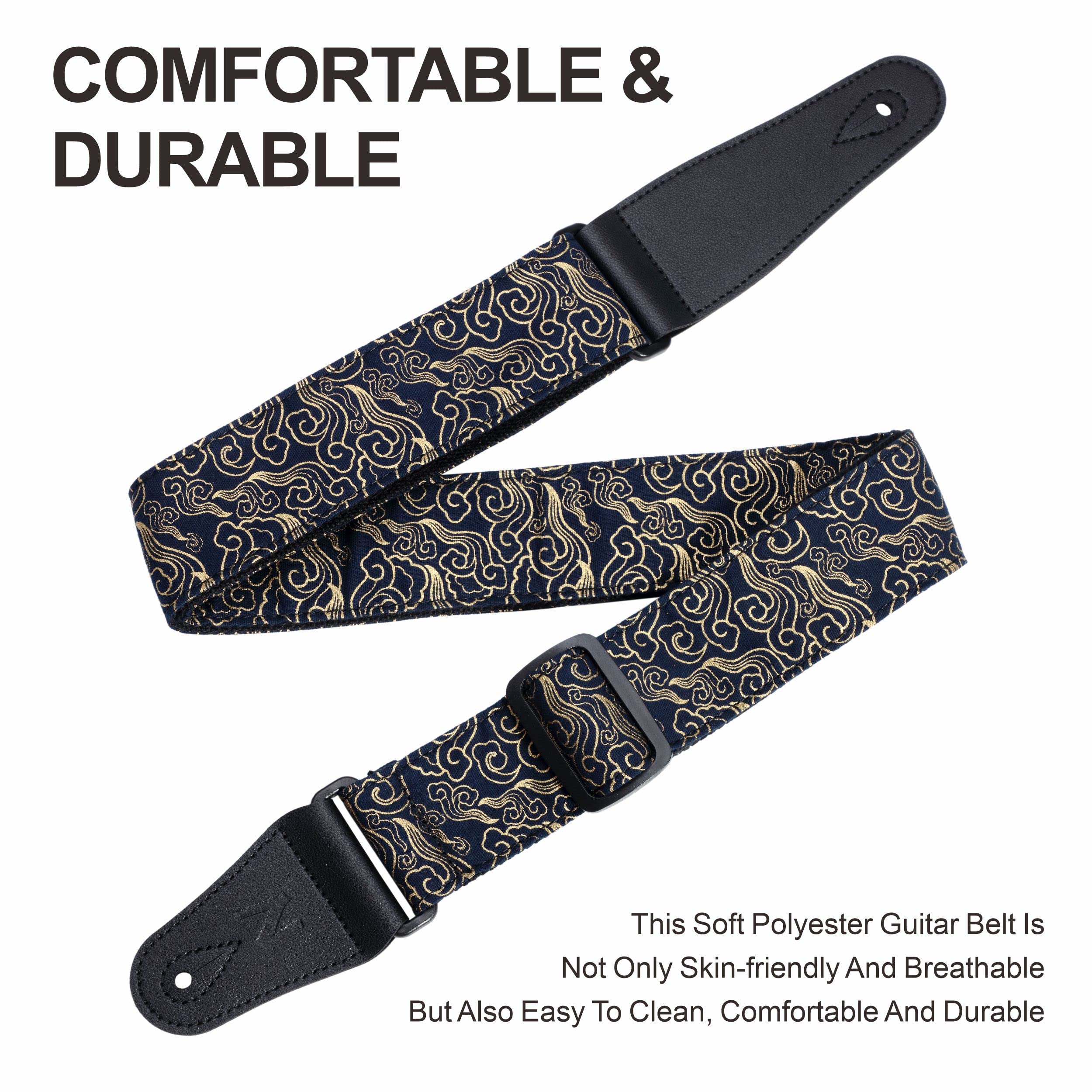 Nefelibata Guitar Strap Japan Printed Cotton Original Design Adjustable Guitar Strap with Long Leather Ends,Include Strap Button,Guitar Picks and Strap Locks(Auspicious Cloud) Auspicious Cloud - Image 2
