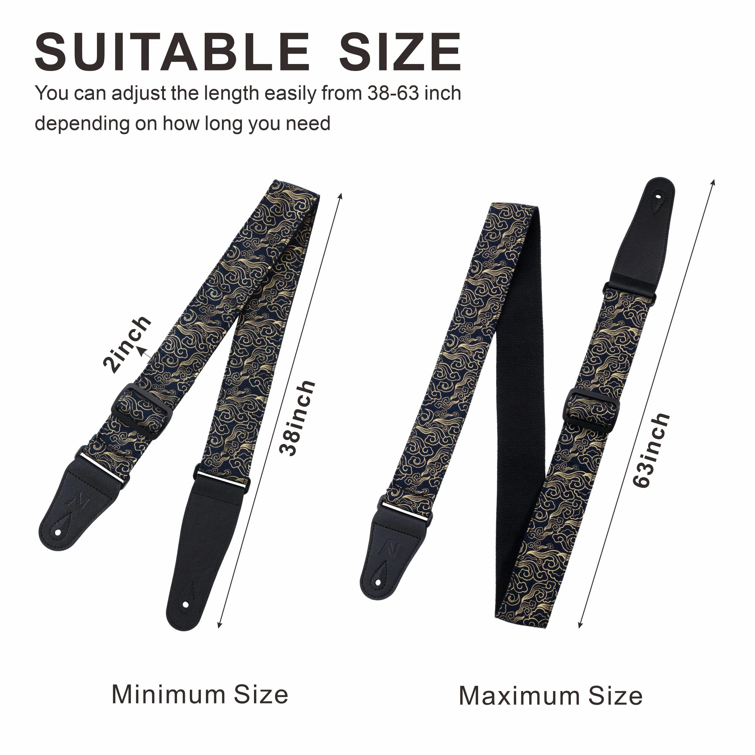 Nefelibata Guitar Strap Japan Printed Cotton Original Design Adjustable Guitar Strap with Long Leather Ends,Include Strap Button,Guitar Picks and Strap Locks(Auspicious Cloud) Auspicious Cloud - Image 3