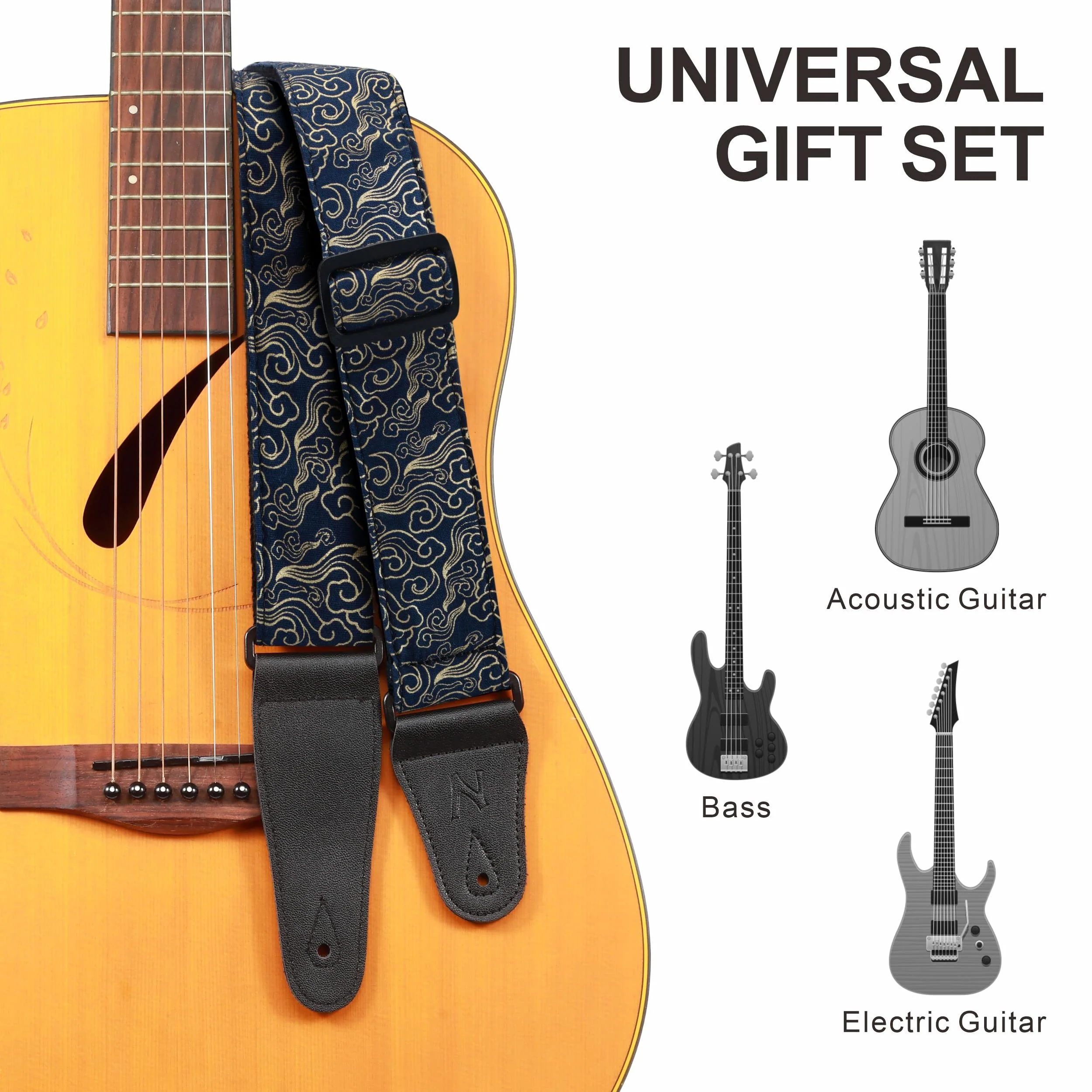 Nefelibata Guitar Strap Japan Printed Cotton Original Design Adjustable Guitar Strap with Long Leather Ends,Include Strap Button,Guitar Picks and Strap Locks(Auspicious Cloud) Auspicious Cloud - Image 4