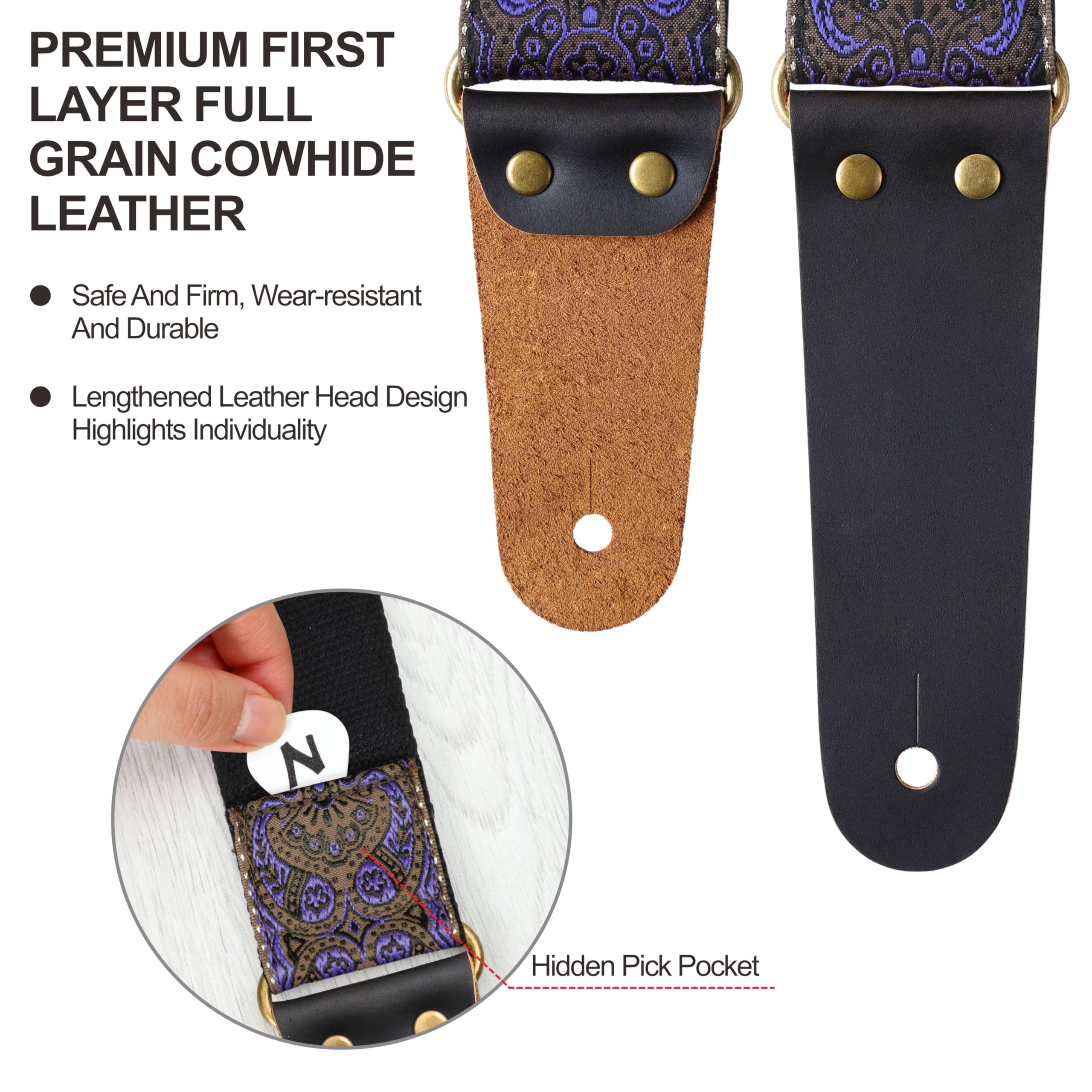 Nefelibata Guitar Strap, Vintage Embroidered Cotton Guitar Straps with Head Cowhide Leather Ends for Bass, Electric & Acoustic Guitars, with Free Strap Button, 1 Pair Strap Locks and 4 Guitar Picks Purple - Image 2