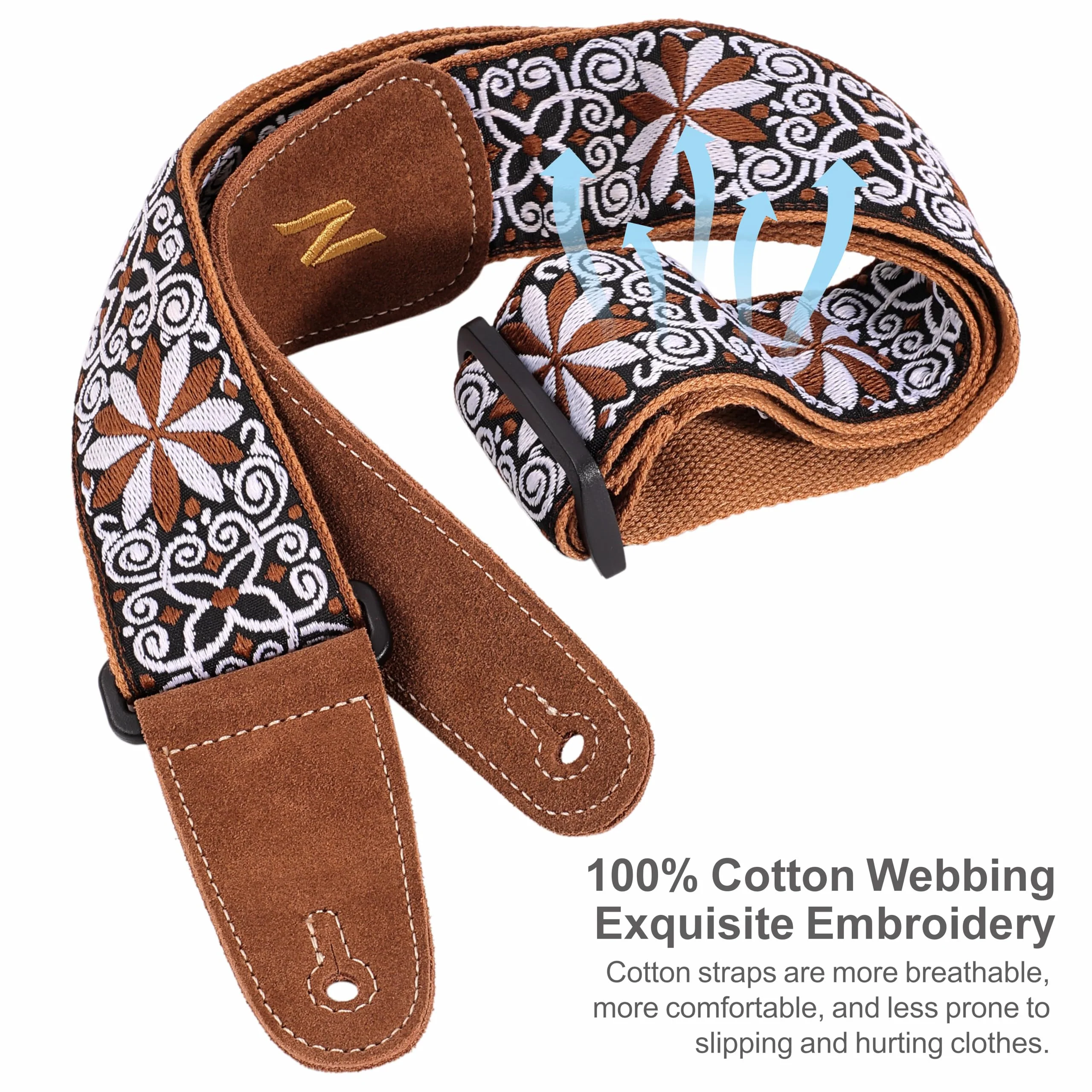 Nefelibata Guitar Strap, with Extended Soft Brown Suede Leather Ends for Bass Acoustic Electric Guitar, Free with Lock and Head Strap Yellow Flowers - Image 3