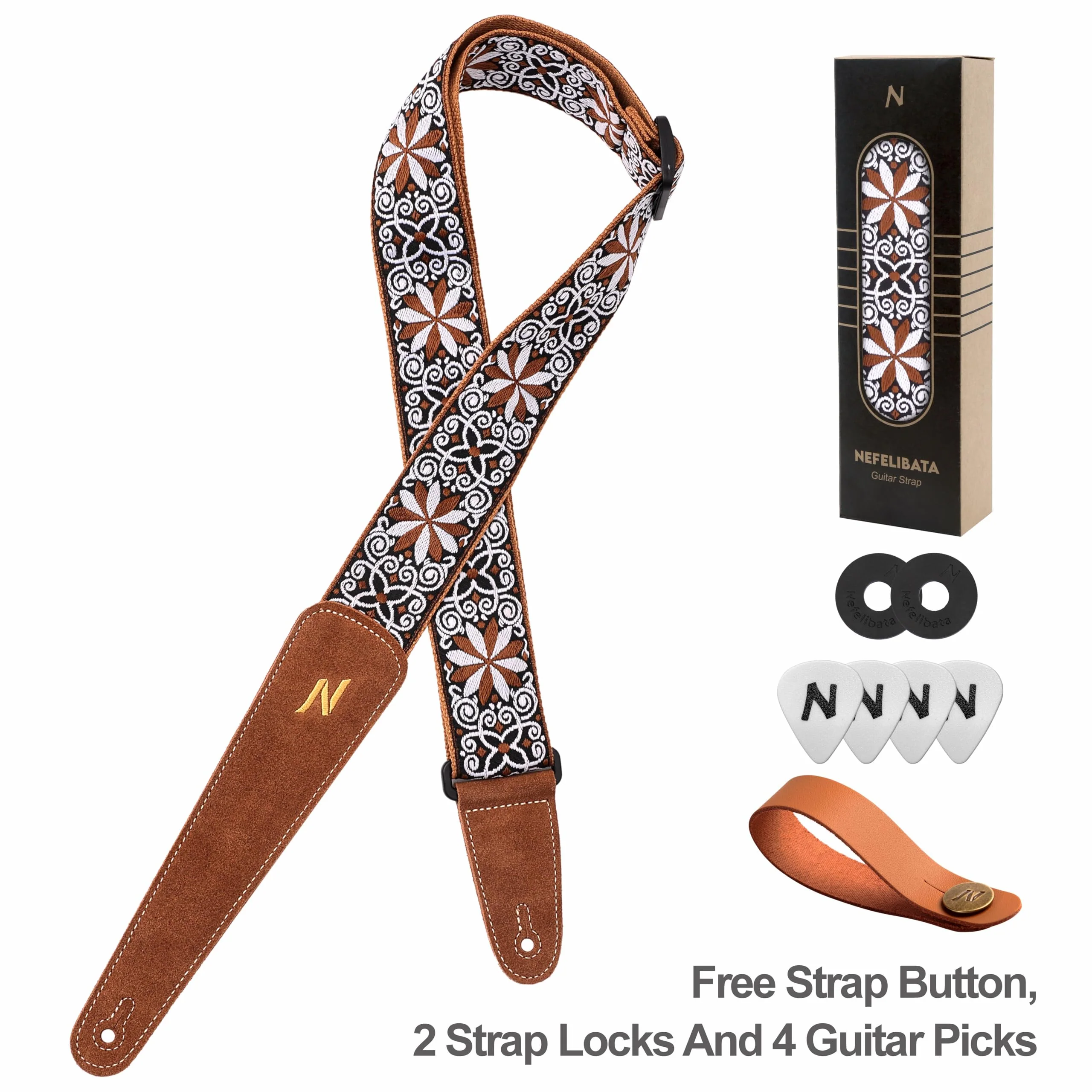 Nefelibata Guitar Strap, with Extended Soft Brown Suede Leather Ends for Bass Acoustic Electric Guitar, Free with Lock and Head Strap Yellow Flowers - Image 5