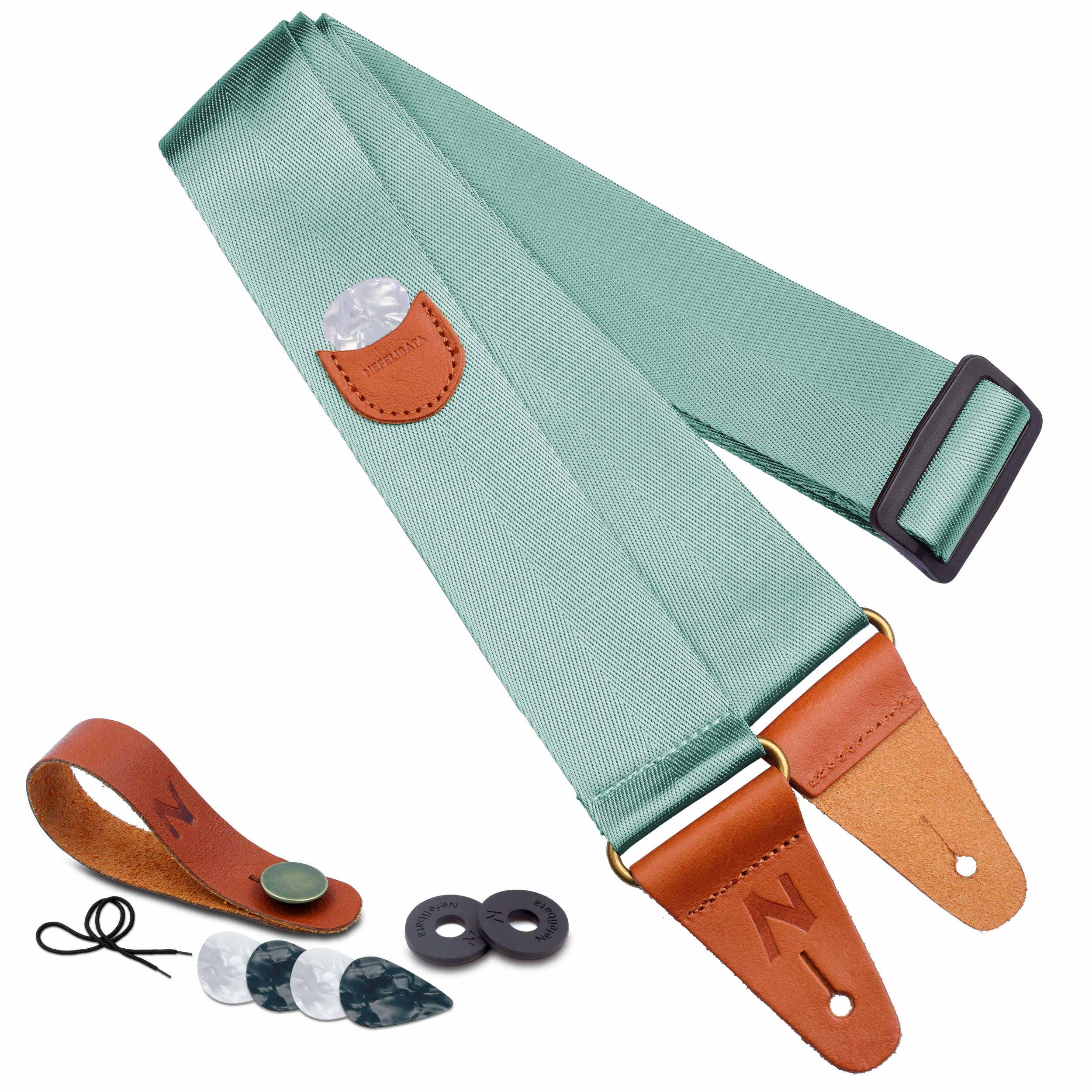 Nefelibata Guitar Strap with Pick Pocket, Vintage Nylon Full Grain Leather Ends Guitar Straps for Bass, Electric & Acoustic Guitar, Come with Free Strap Button, 1 Pair Strap Locks and 4 Guitar Picks Single Leather Ends O# - Light Green