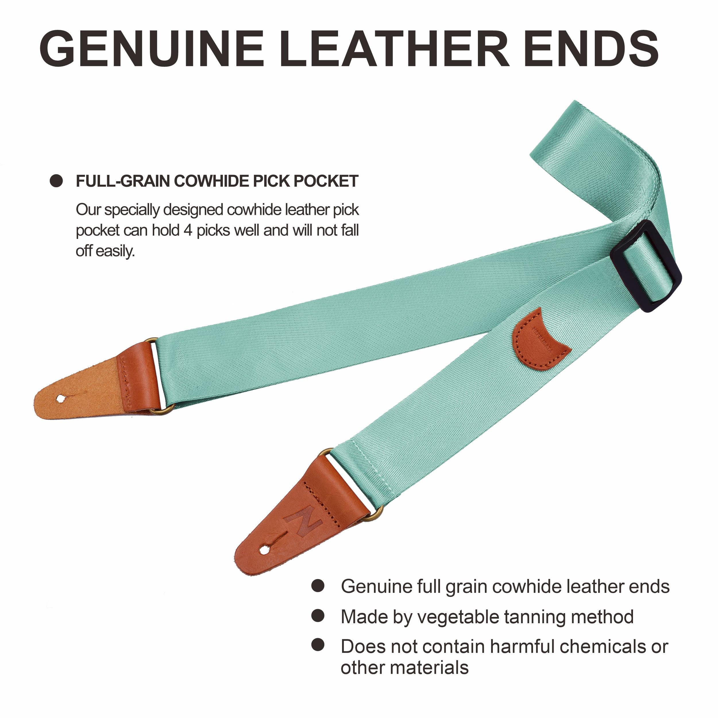 Nefelibata Guitar Strap with Pick Pocket, Vintage Nylon Full Grain Leather Ends Guitar Straps for Bass, Electric & Acoustic Guitar, Come with Free Strap Button, 1 Pair Strap Locks and 4 Guitar Picks Single Leather Ends O# - Light Green - Image 2