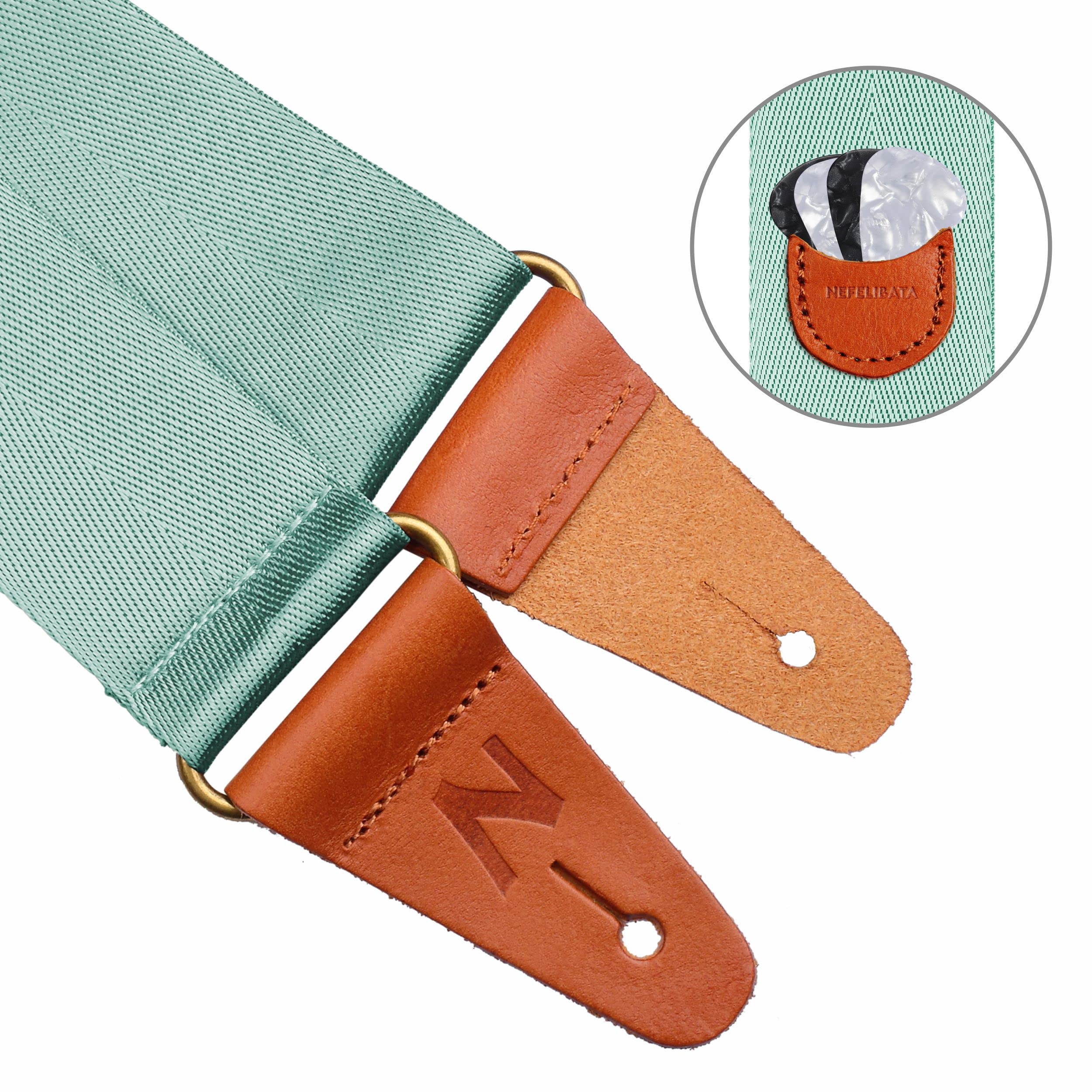 Nefelibata Guitar Strap with Pick Pocket, Vintage Nylon Full Grain Leather Ends Guitar Straps for Bass, Electric & Acoustic Guitar, Come with Free Strap Button, 1 Pair Strap Locks and 4 Guitar Picks Single Leather Ends O# - Light Green - Image 3