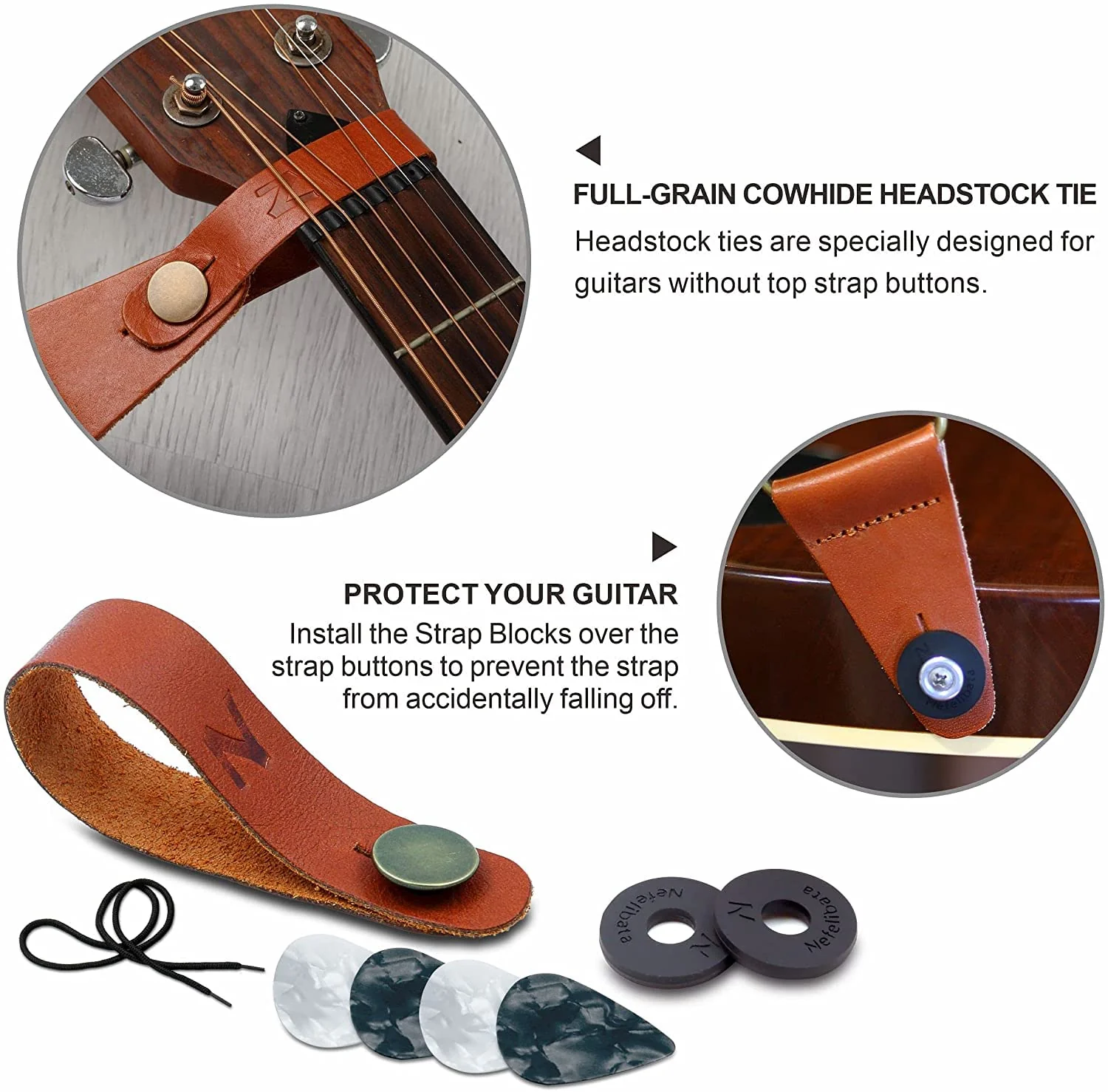 Nefelibata Guitar Strap with Pick Pocket, Vintage Nylon Full Grain Leather Ends Guitar Straps for Bass, Electric & Acoustic Guitar, Come with Free Strap Button, 1 Pair Strap Locks and 4 Guitar Picks Single Leather Ends O# - Light Green - Image 4