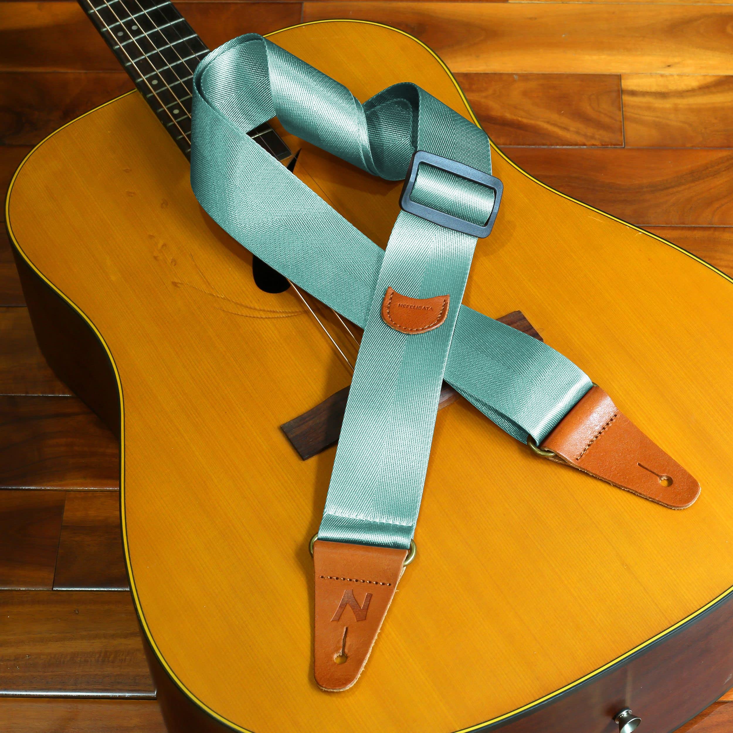 Nefelibata Guitar Strap with Pick Pocket, Vintage Nylon Full Grain Leather Ends Guitar Straps for Bass, Electric & Acoustic Guitar, Come with Free Strap Button, 1 Pair Strap Locks and 4 Guitar Picks Single Leather Ends O# - Light Green - Image 7