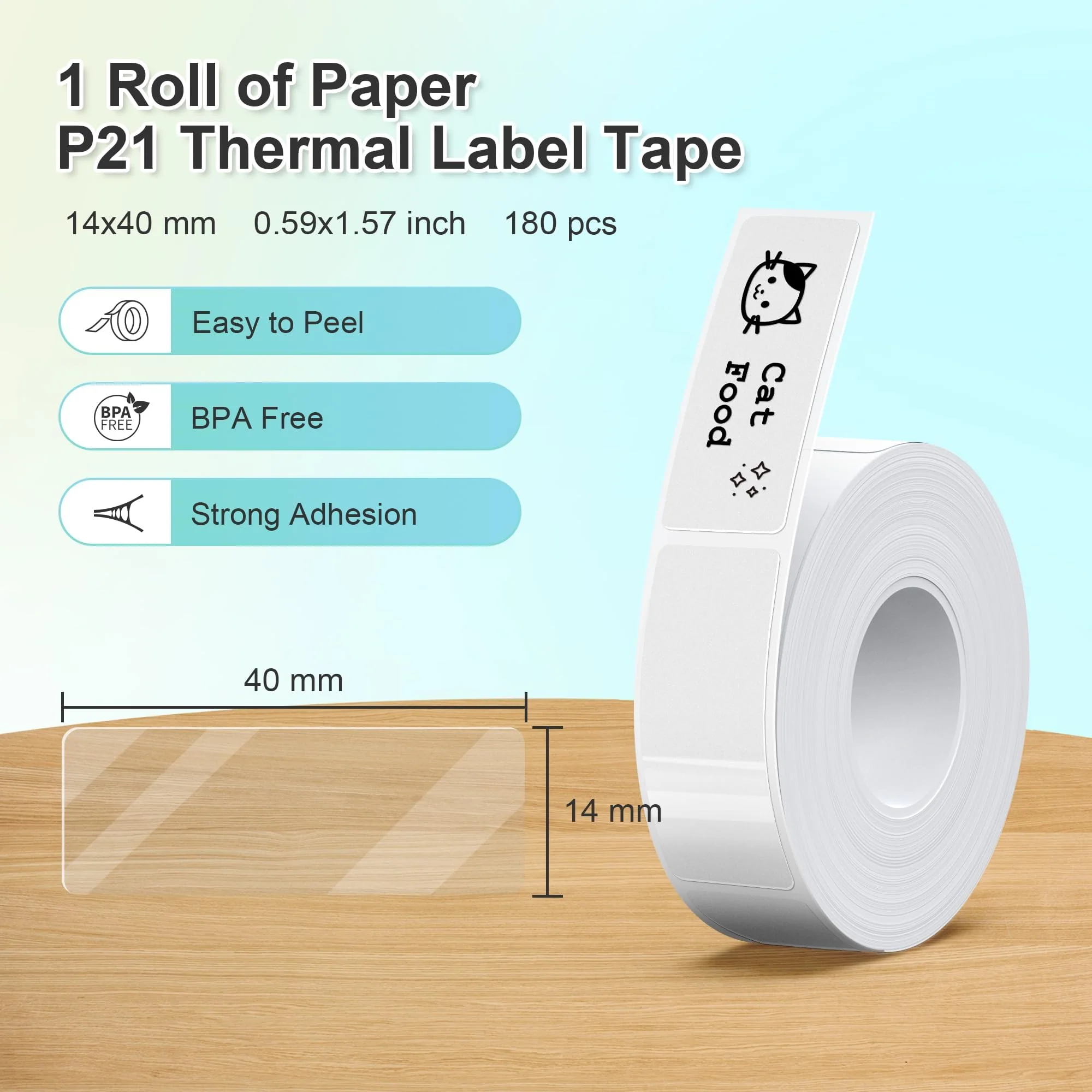 Nelko Genuine P21 Label Maker Tape, Adapted Label Print Paper, 14x40mm (0.55"x1.57"), Standard Laminated Office Labeling Tape Replacement, Multipurpose of Home, Office, 180 Labels/Roll, Transparent 0.55"x1.57"(14mmx40mm)-1 Roll - Image 2