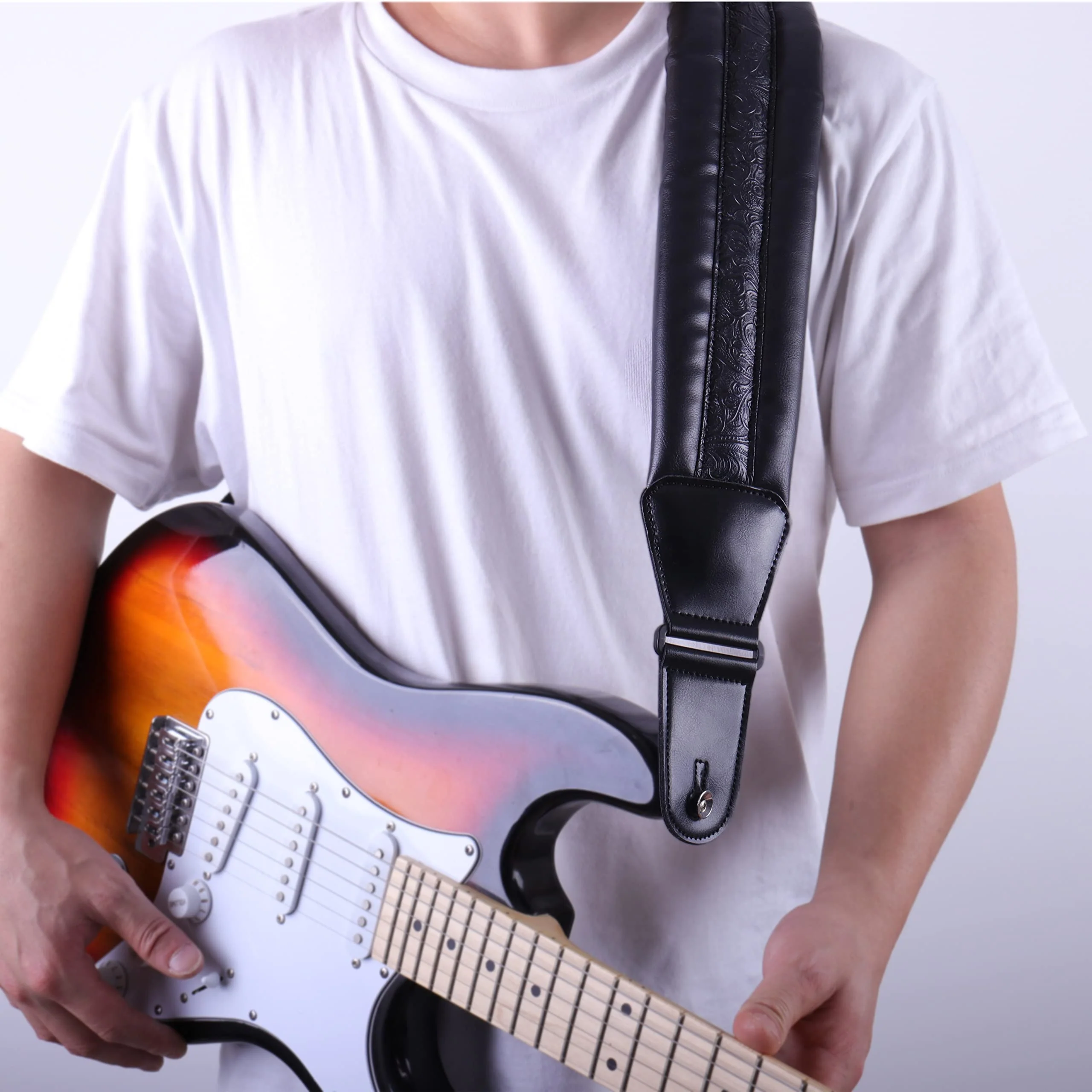 Neoprene Guitar Strap 3.4'' With Carbon Buckle, Leather Top & Back Soft For Bass, Electric Acoustic Guitar Black - Image 3