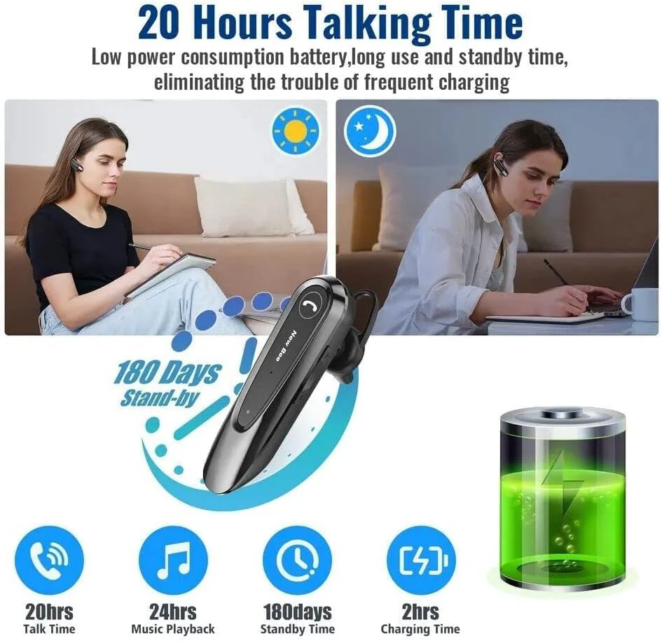 New Bee Bluetooth Earpiece V5.0 Wireless Handsfree Headset with Microphone 24 Hrs Driving Headset 60 Days Standby Time for iPhone Android Samsung Laptop Trucker Driver (Black) Black - Image 3
