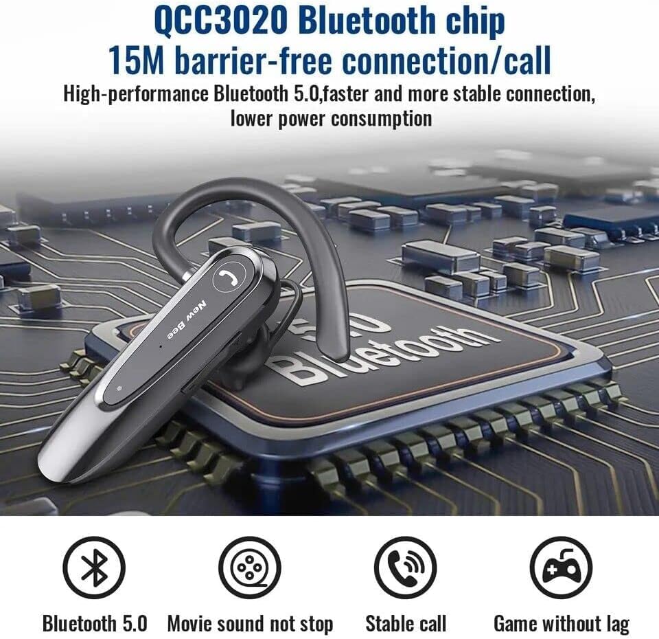 New Bee Bluetooth Earpiece V5.0 Wireless Handsfree Headset with Microphone 24 Hrs Driving Headset 60 Days Standby Time for iPhone Android Samsung Laptop Trucker Driver (Black) Black - Image 4