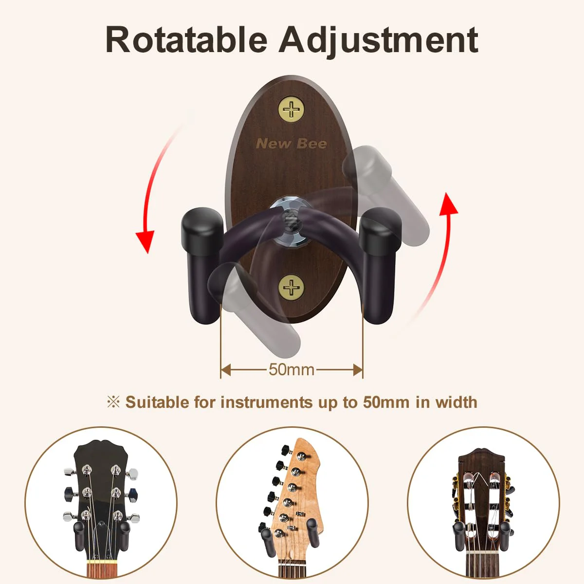 New bee Guitar Wall Mount, Guitar Hanger Wall Hook Holder Stand Bracket with Screw Fits All Size Ukulele Bass Mandolin Banjo 3PCS Brown - Image 4