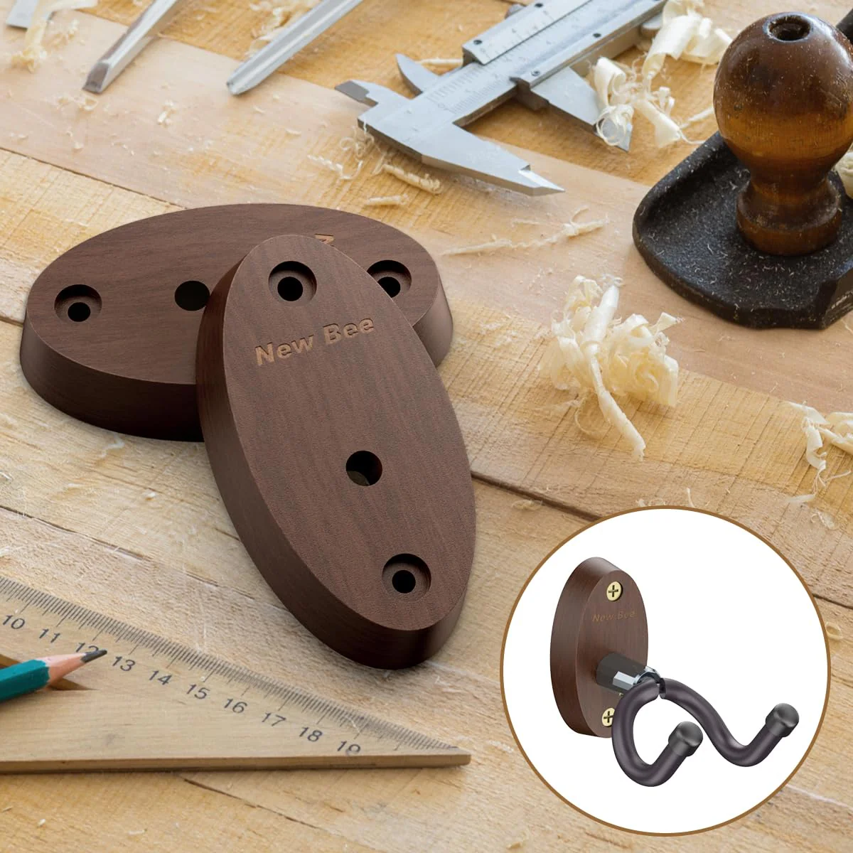 New bee Guitar Wall Mount, Guitar Hanger Wall Hook Holder Stand Bracket with Screw Fits All Size Ukulele Bass Mandolin Banjo 3PCS Brown - Image 5