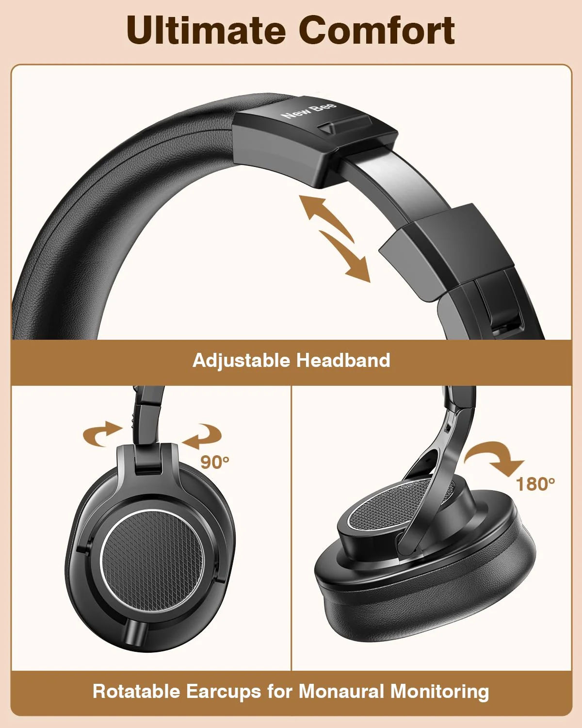 New bee Studio Headphones, DJ Headphones with 50mm Drivers and 6.35mm & 3.5mm Jack for Studio Monitor & Mixing DJ Guitar AMP Podcast Piano Keyboard - Image 6