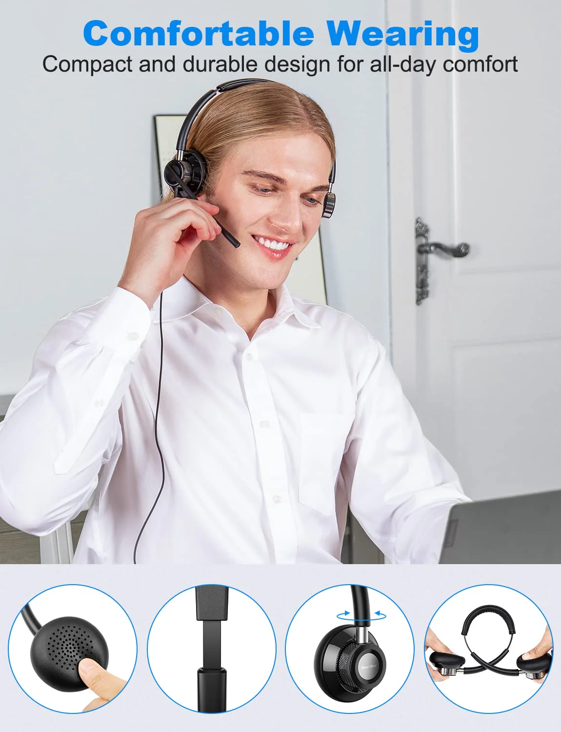 New Bee USB Headset with Microphone for PC, Computer Headset with in-line Mute Volume Control Wired Headset for Laptop, Skype, Zoom, Call Center, Meetings, Webinar, Home - Image 4