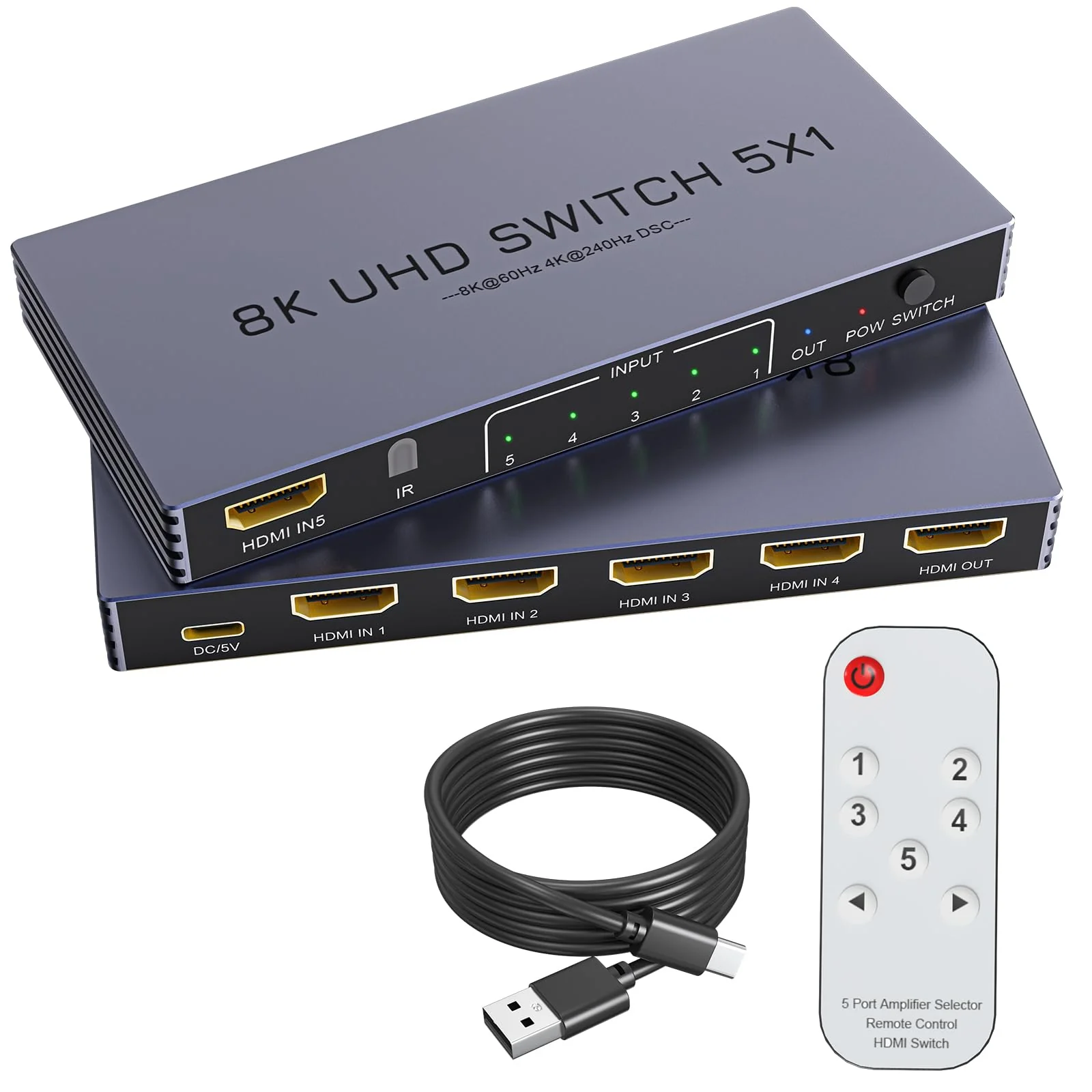New Upgrade 8K HDMI Switch 5 in 1 Out, Hdmi Splitter with Remote 5 Port Switcher Selector Box Support 3D//HDR/HDCP2.3, HDMI 2.1 Switch Box Compatible with PS 5/4/3 Xbox Switch DVD Player TV PC