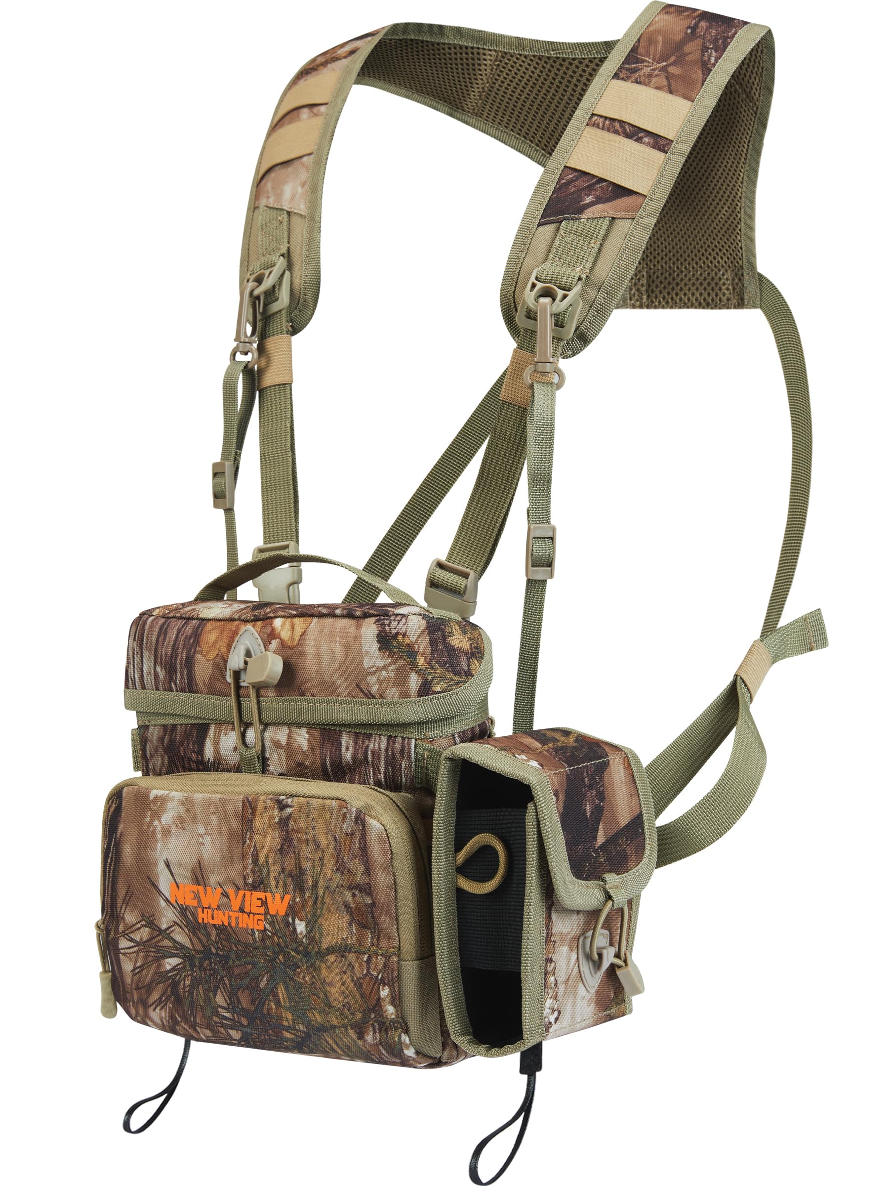 NEW VIEW Binocular Harness Chest Pack with Detachable Rangefinder Pouch,Adjustable Bino Harness&Rain Cover-Ideal for Hunting Large Camo Tree