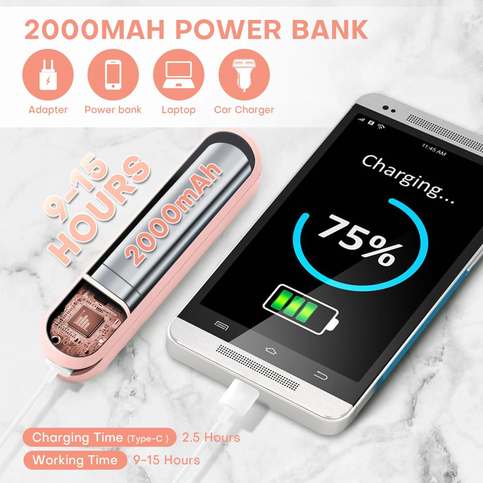 Nezylaf Handheld Mini Fan，Portable Small Pocket Fan，Rechargeable Personal Fan with Power Bank 2000mAh, Travel Essentials for Women Pink - Image 3