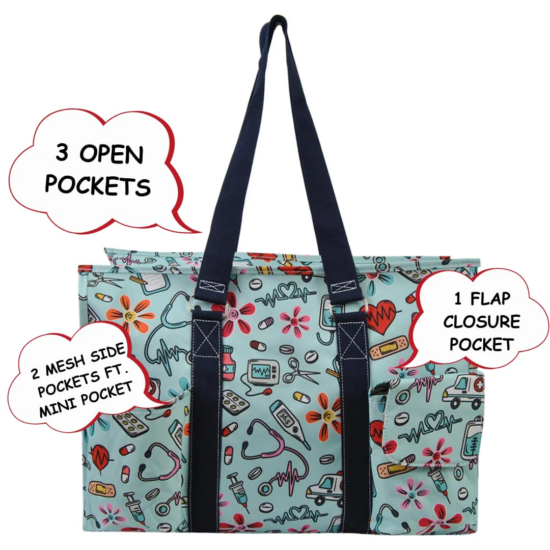 NGIL Zip-Top Tote Bag with Exterior Pockets for Working Women, Teachers, Nurses, and Moms, Design in USA Ngil Zip-groovy Nurse-navy - Image 2