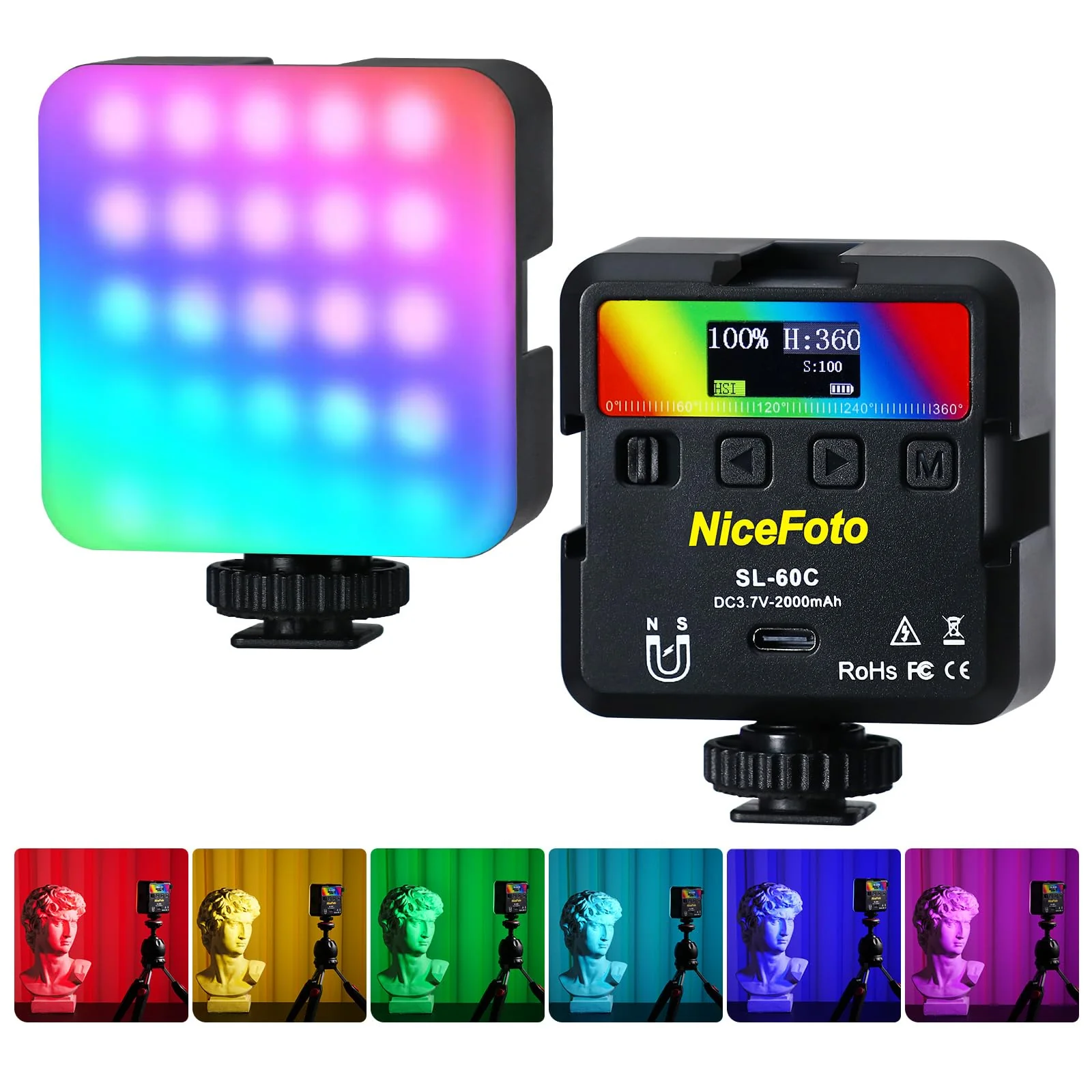 NiceFoto RGB Video Lights, 360° Full Color LED Video Light with 3 Cold Shoe Mounts, 2500K-9000K, CRI 96+, 18 Scene Modes, Magnetic RGB Camera Light for Vlog Filming, TikTok, Live, Photography
