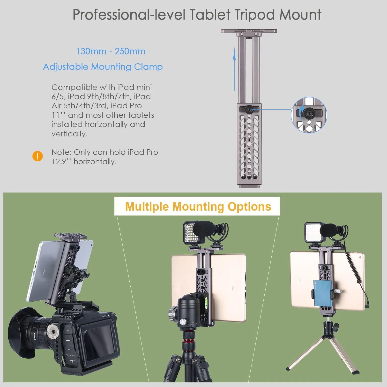 NICEYRIG Aluminum Tripod Mount for iPad Pro 12.9'' 11''/Air 10.9'' 10.5''/Mini 8.3'' 7.9'' Video Recording Vlog Vlogging Lives, Professional Tablet Holder with QR Plate for Arca-Swiss - 502 - Image 3