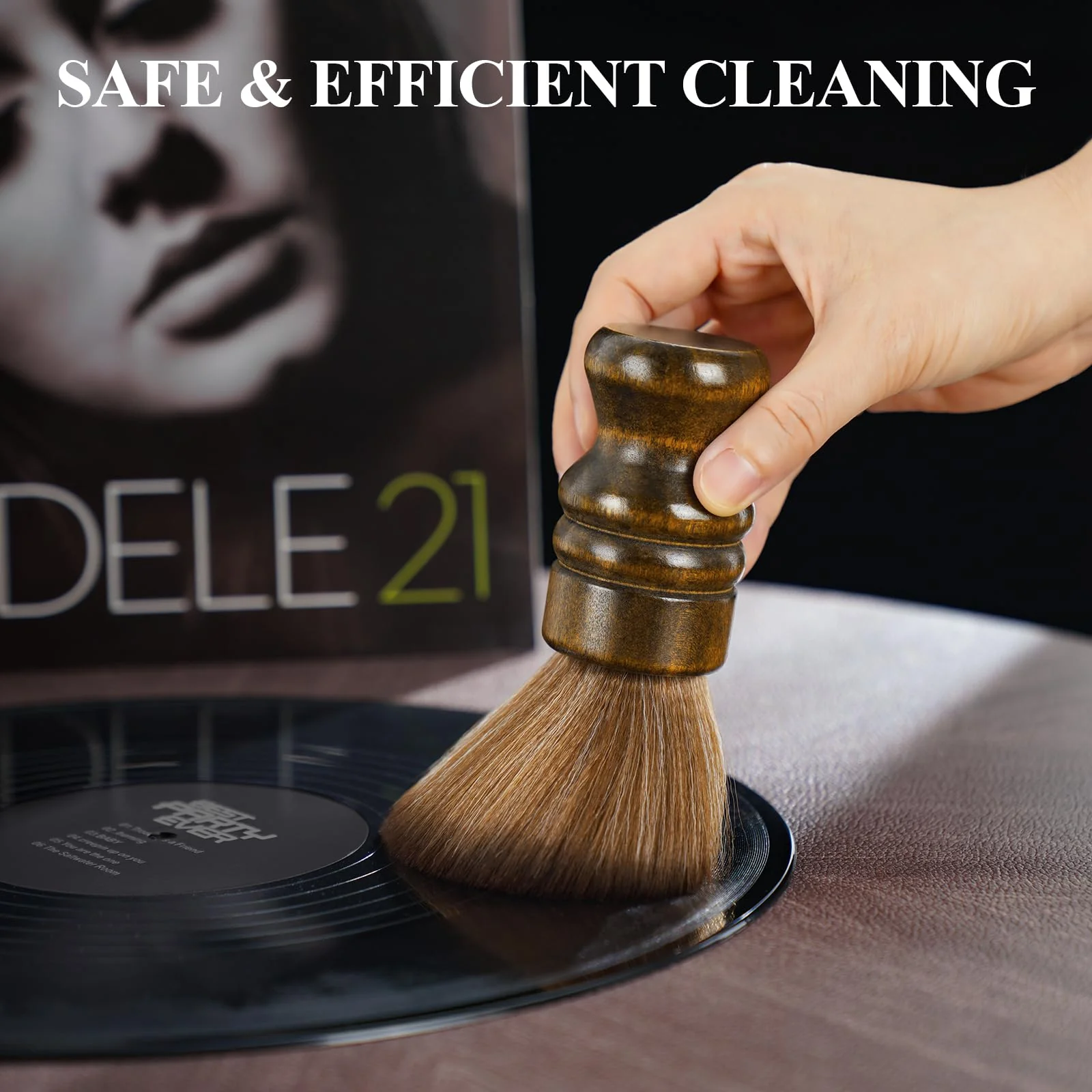 NiHome Vinyl Record Cleaning Brush, Anti-Static Soft LP Record Cleaner, Vinyl Dust Remover Brush with Ultra-Fine Fiber Bristles, Safe for Vinyl LP CD Album Care, Retro Design with Beech Wood Handle Large Brown - Image 6