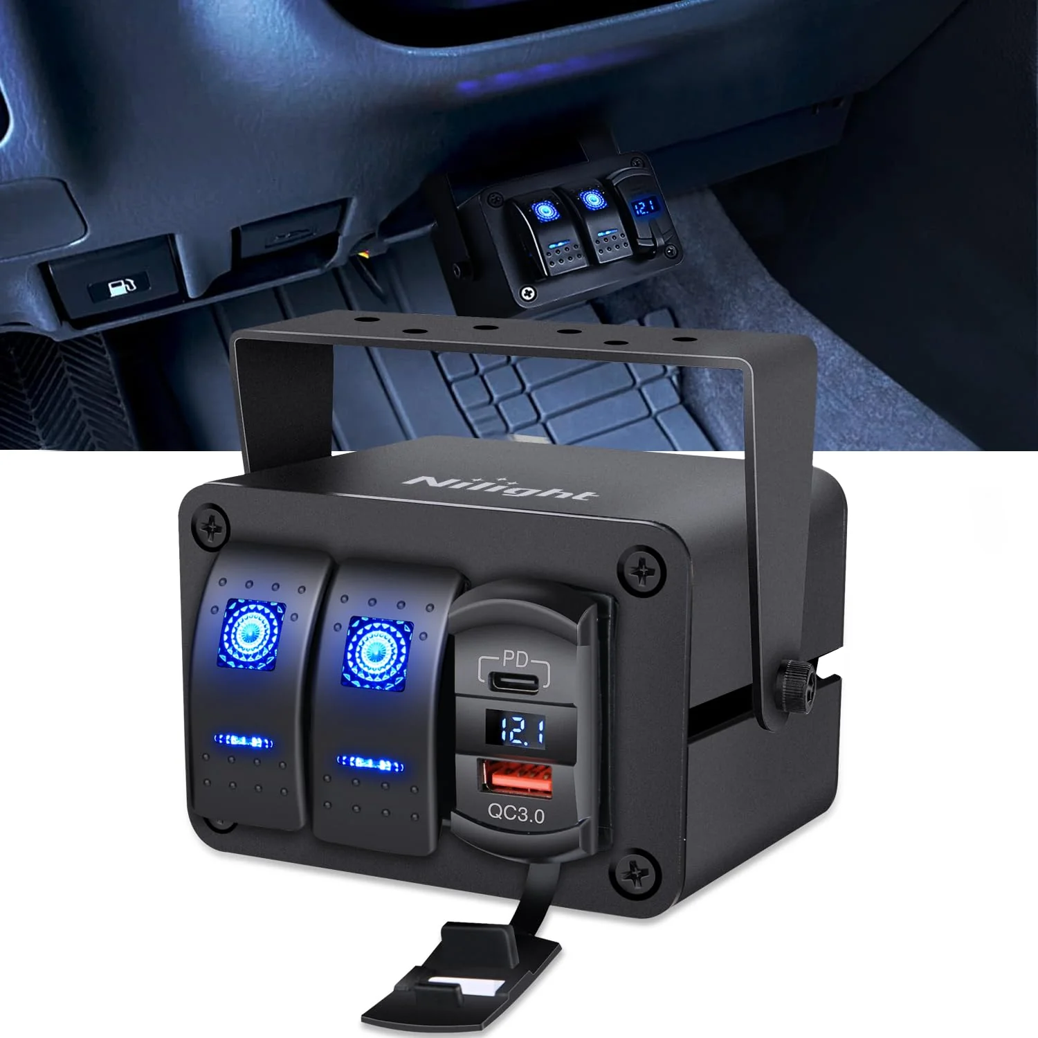 Nilight 2 Gang Rocker Switch Box 12V SPST ON Off PD Type C and QC 3.0 USB Charger Voltmeter Waterproof Aluminum Panel DIY Stickers for Boats Cars RVs Trucks Blue+Box 3 Gang Type C +USB