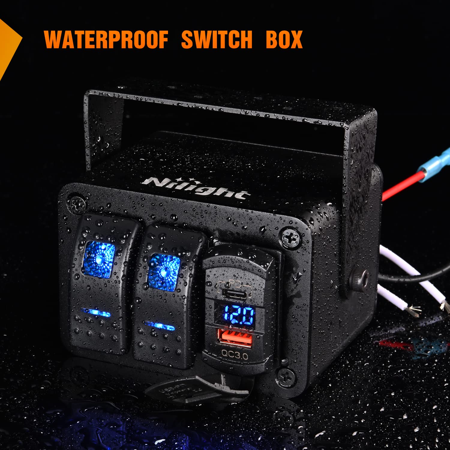 Nilight 2 Gang Rocker Switch Box 12V SPST ON Off PD Type C and QC 3.0 USB Charger Voltmeter Waterproof Aluminum Panel DIY Stickers for Boats Cars RVs Trucks Blue+Box 3 Gang Type C +USB - Image 7