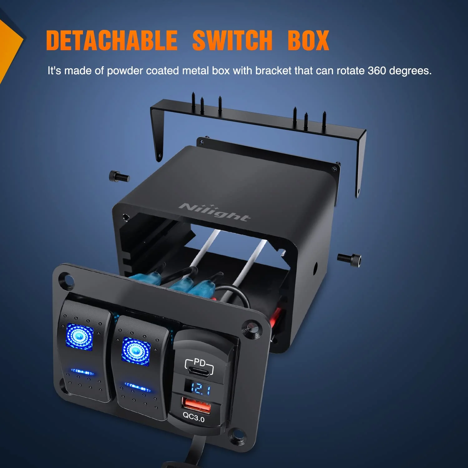 Nilight 2 Gang Rocker Switch Box 12V SPST ON Off PD Type C and QC 3.0 USB Charger Voltmeter Waterproof Aluminum Panel DIY Stickers for Boats Cars RVs Trucks Blue+Box 3 Gang Type C +USB - Image 8