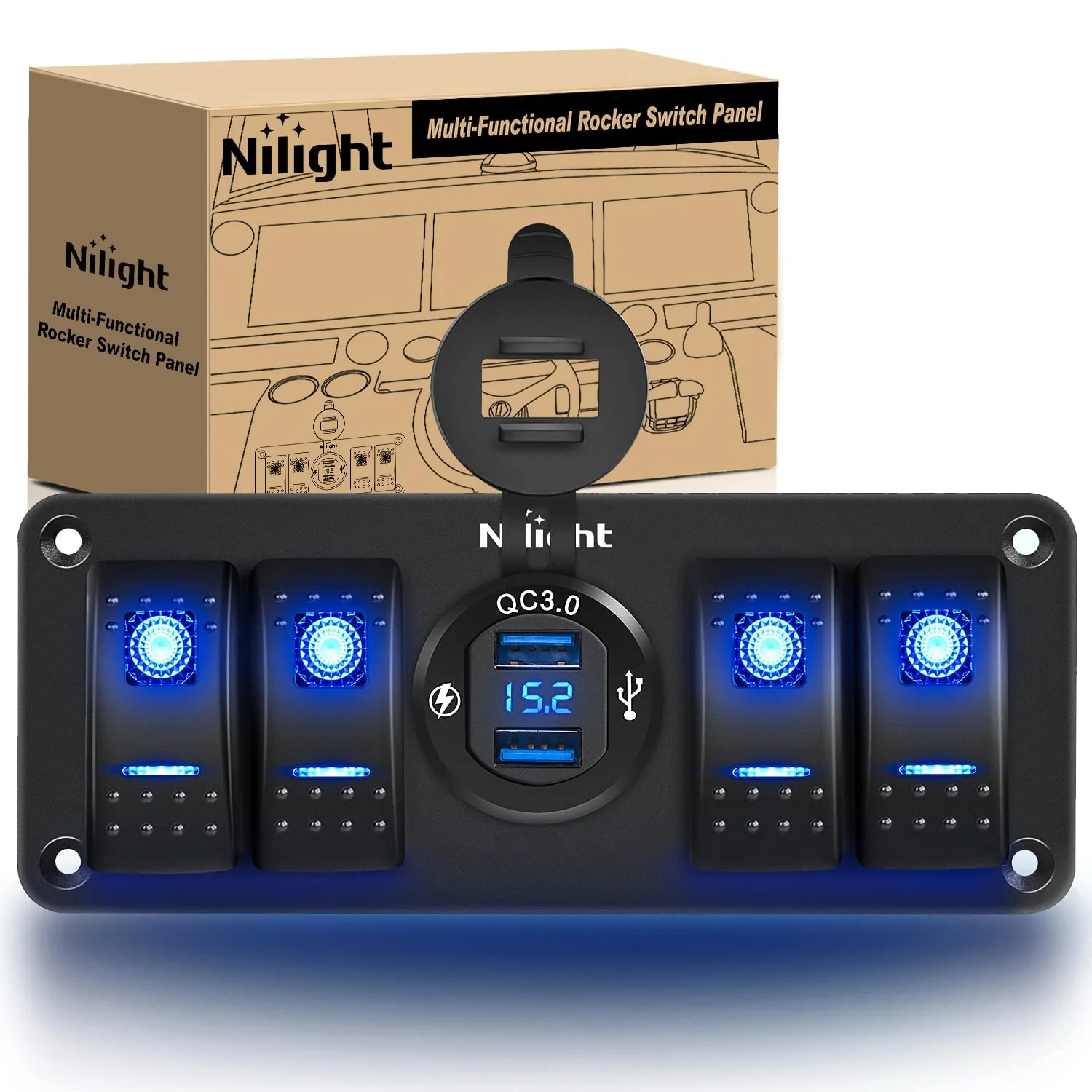 Nilight 4 Gang Rocker Switch Panel with QC3.0 Dual USB Charger Voltmeter Waterproof and Night Glow Stickers 12V-24V DC for Cars Trucks Boats RV Blue 4+1 Gang Dual USB