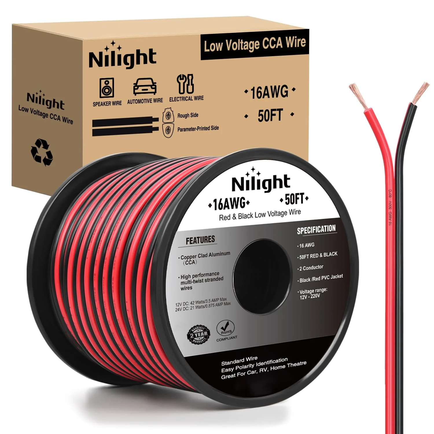 Nilight 50FT 16AWG Copper Clad Aluminum Wire 16/2 Gauge Red Black CCA Electrical Cable 2 Conductor Parallel 12V/24V DC Flexible Extension Cords for Car Audio Radio Speaker Amplifier, 2 Years Warranty 16AWG-50FT