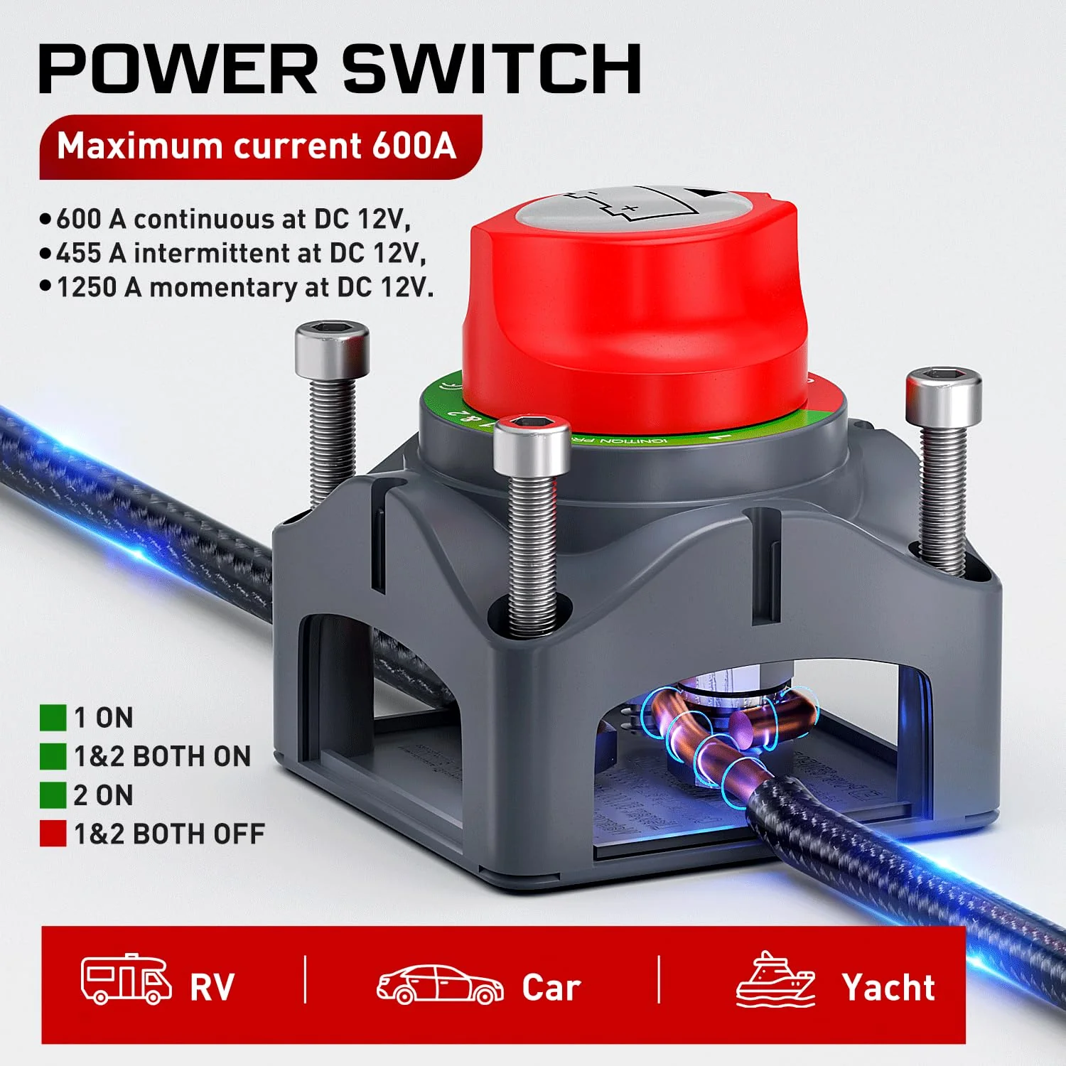 Nilight Battery Switch 1-2-Both-Off 12V 24V 48V 600A High Current Heavy Duty Battery Power Cut Master Switch Disconnect Isolator for Truck Vehicle Trailer RV Marine Boat Yacht 1-2-Both-Off Switch 600A - Image 2