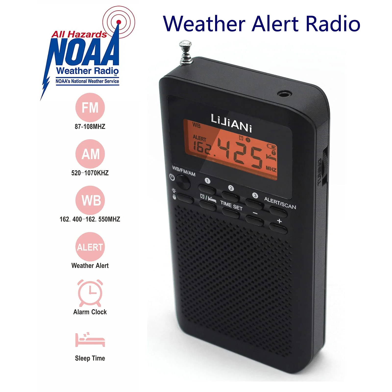 NOAA Weather AM FM Portable Radio Operated by 2 AA Batteries with Stereo Earphone,Digital Alarm Clock Sleep Timer,Best Reception,Built in Speaker Best Sound Quality,Luminous Button Design(Black) Black - Image 2