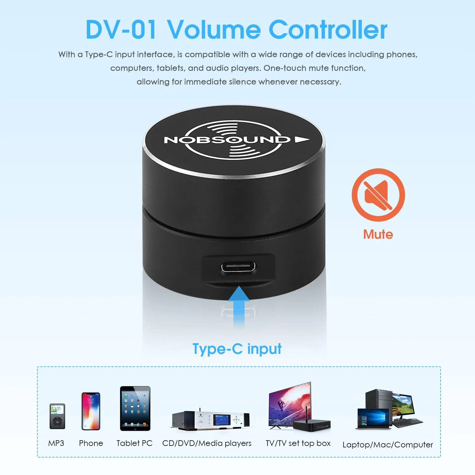Nobsound USB Volume Control Knob with Mute Function, Compatible with Windows, Mac, Android, iOS, Mini Desktop Audio Controller with Breathing Light (DV-01) - Image 2