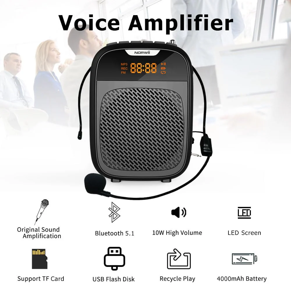 NORWII Mini Voice Amplifier Portable Rechargeable Bluetooth Speaker 4000mAh with Wired Microphone Headset & Waistband, PA system Personal Voice Amplifier for Teachers, Tour Guides, Meeting, Coaches - Image 2
