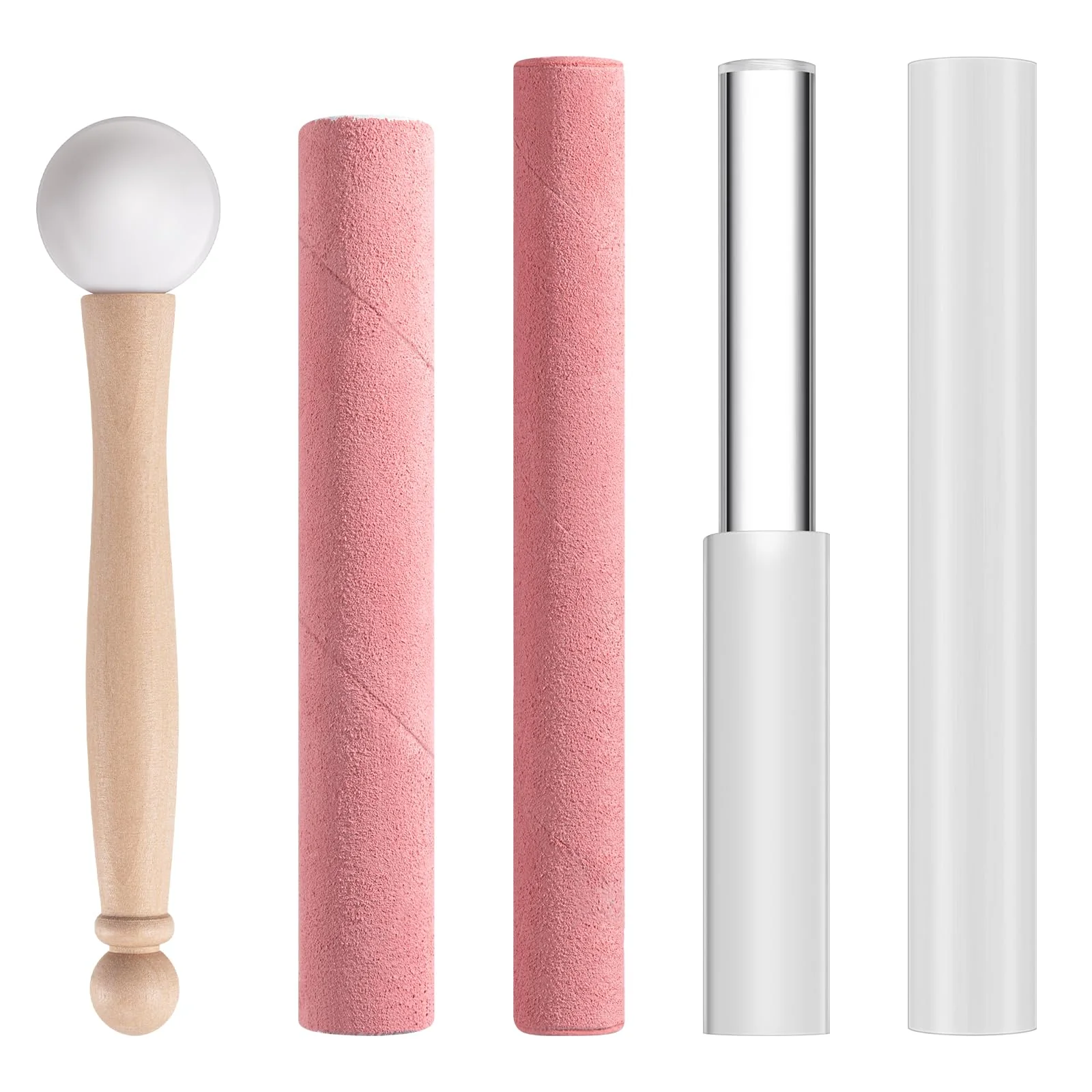 Nuanchu 5 Pcs Crystal Singing Bowl Mallet Set Includes Sheepskin Solid and Hollow Sound Sticks Singing Bowl Rubber Mallet with Wood Handle Clear Acrylic Striker for Playing (Pink) Pink