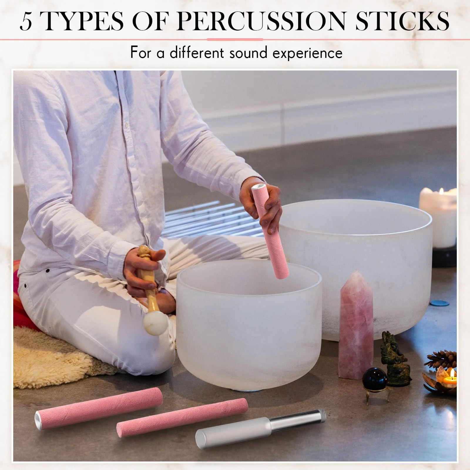 Nuanchu 5 Pcs Crystal Singing Bowl Mallet Set Includes Sheepskin Solid and Hollow Sound Sticks Singing Bowl Rubber Mallet with Wood Handle Clear Acrylic Striker for Playing (Pink) Pink - Image 5