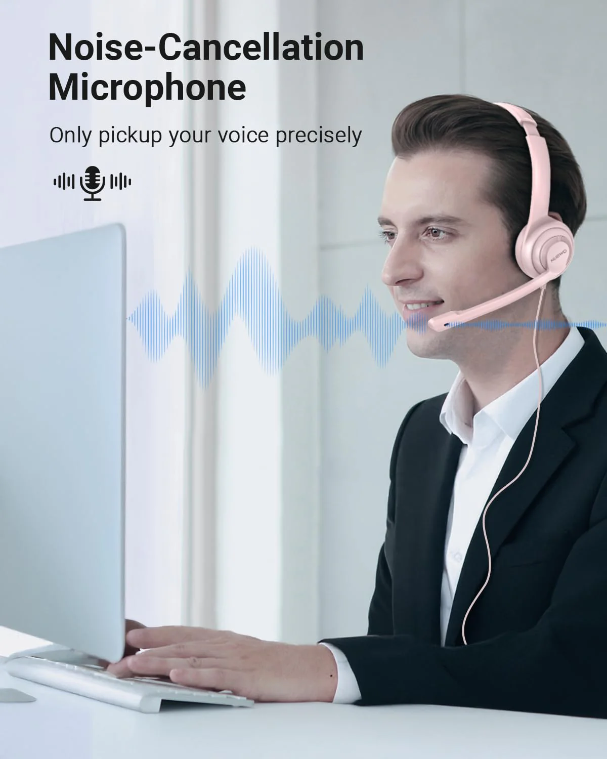 NUBWO HW02 USB Headset with Microphone Noise Cancelling &in-line Control, Ultra Comfort Computer Headphones for Laptop pc, On-Ear Wired Office Call Center Headset for Boom Skype Webinars (Pink) 1 pack Pink - Image 2