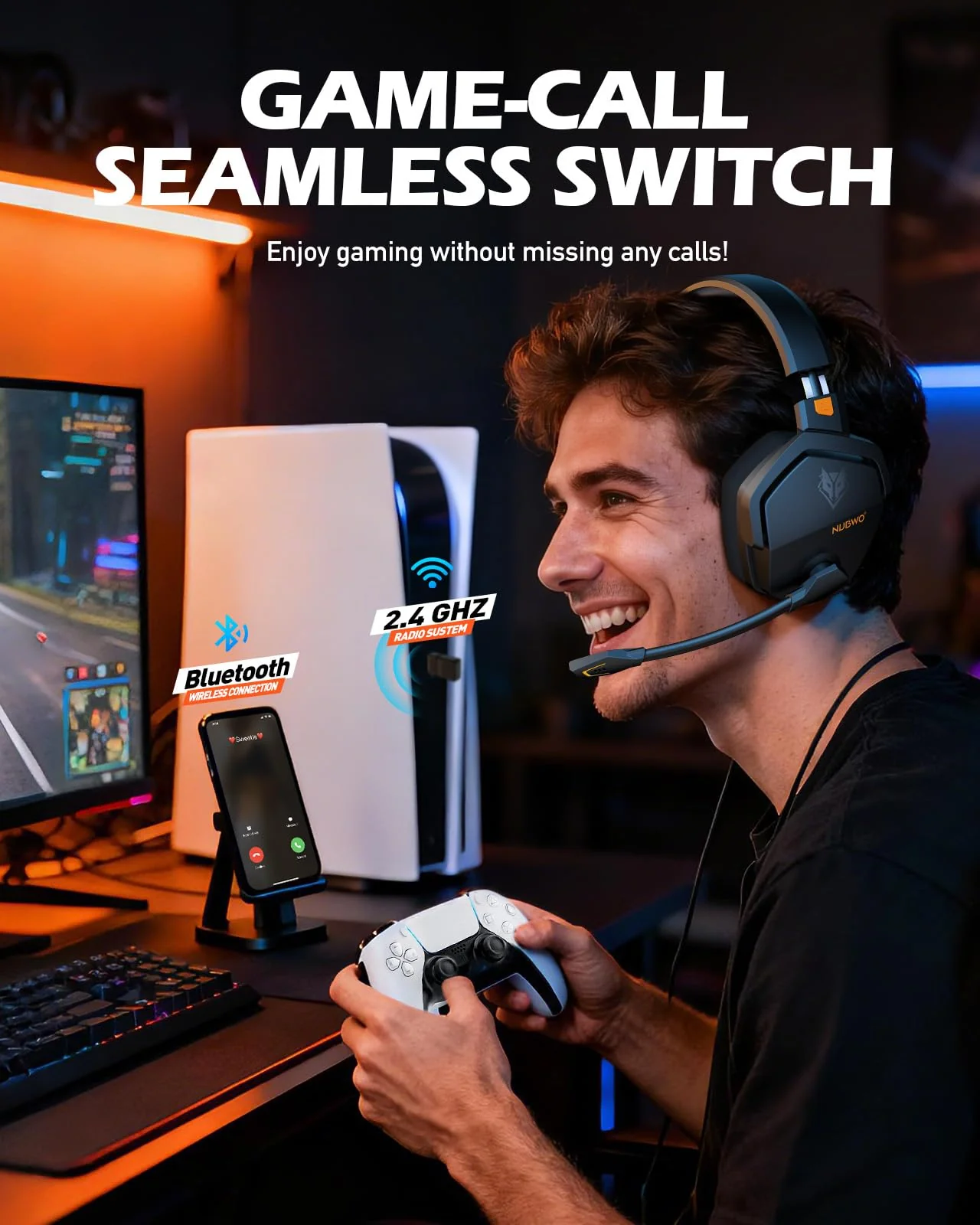 NUBWO Wireless Gaming Headset with Mic for Ps5 Ps4 PC, Zero Interference, 100-Hour Battery All-Day Play, 23ms Sync for Fortnite & Call of Duty/FPS Gamers, Triple Mode All Devices Compatible - Orange - Image 3